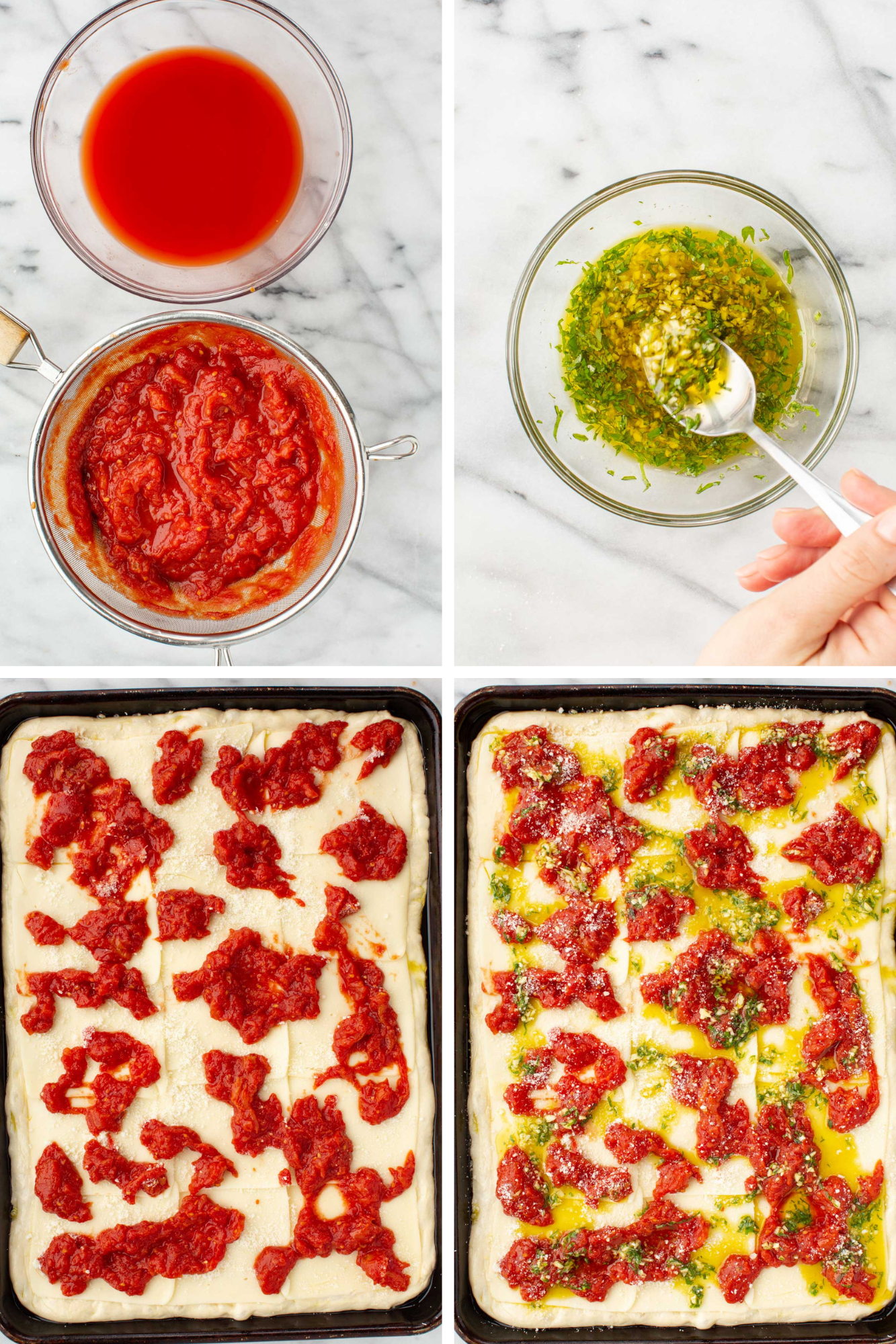 Four step overhead collage showing strained tomato sauce, garlic herb oil being mixed, pizza topped with sliced mozzarella and spooned tomato sauce, and the pizza finished with herb oil and grated cheese before baking.