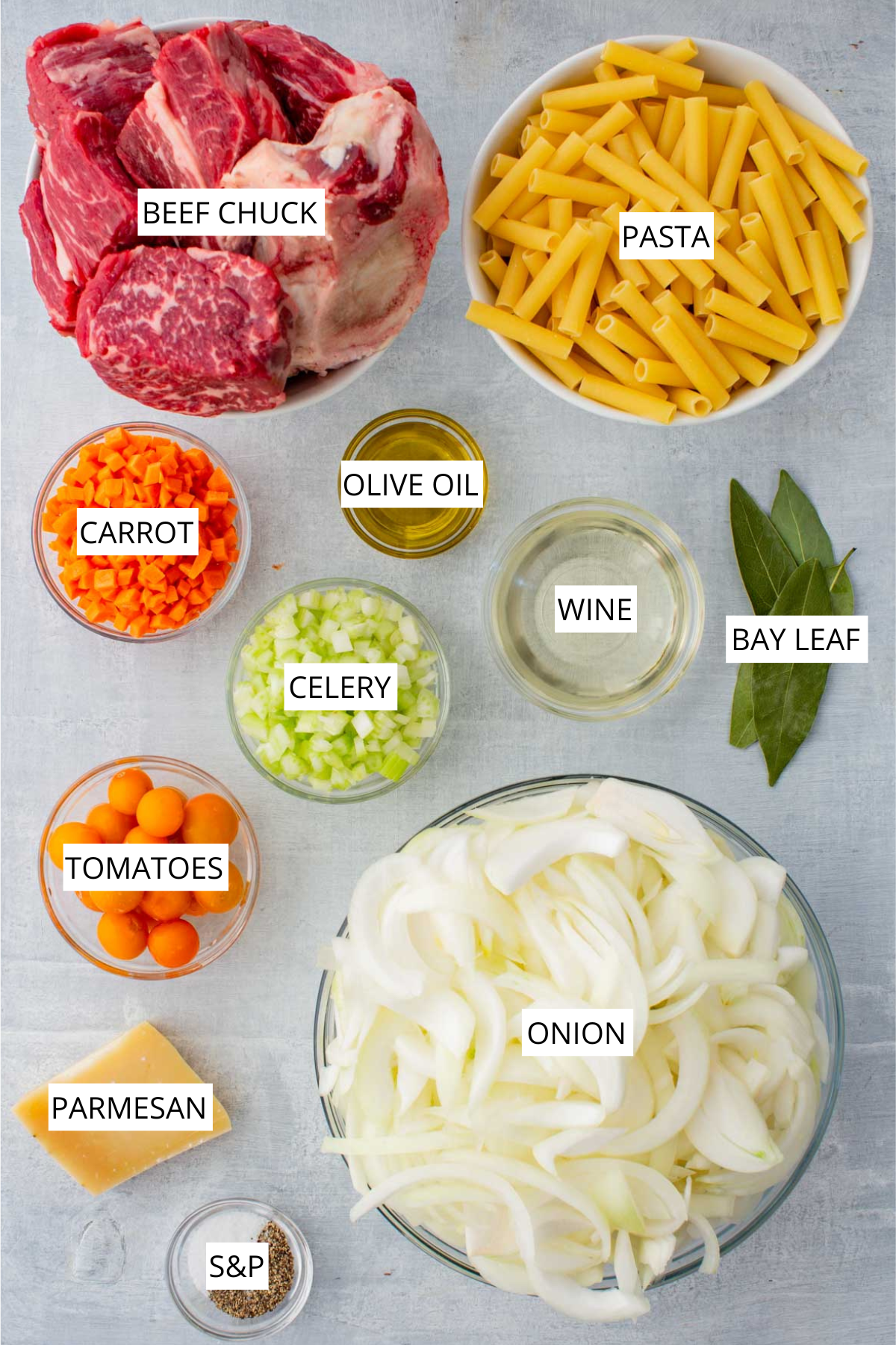 Labeled ingredients of pasta alla genovese including beef chuck, pasta, carrot, celery, olive oil, wine, tomatoes, onions and parmesan.