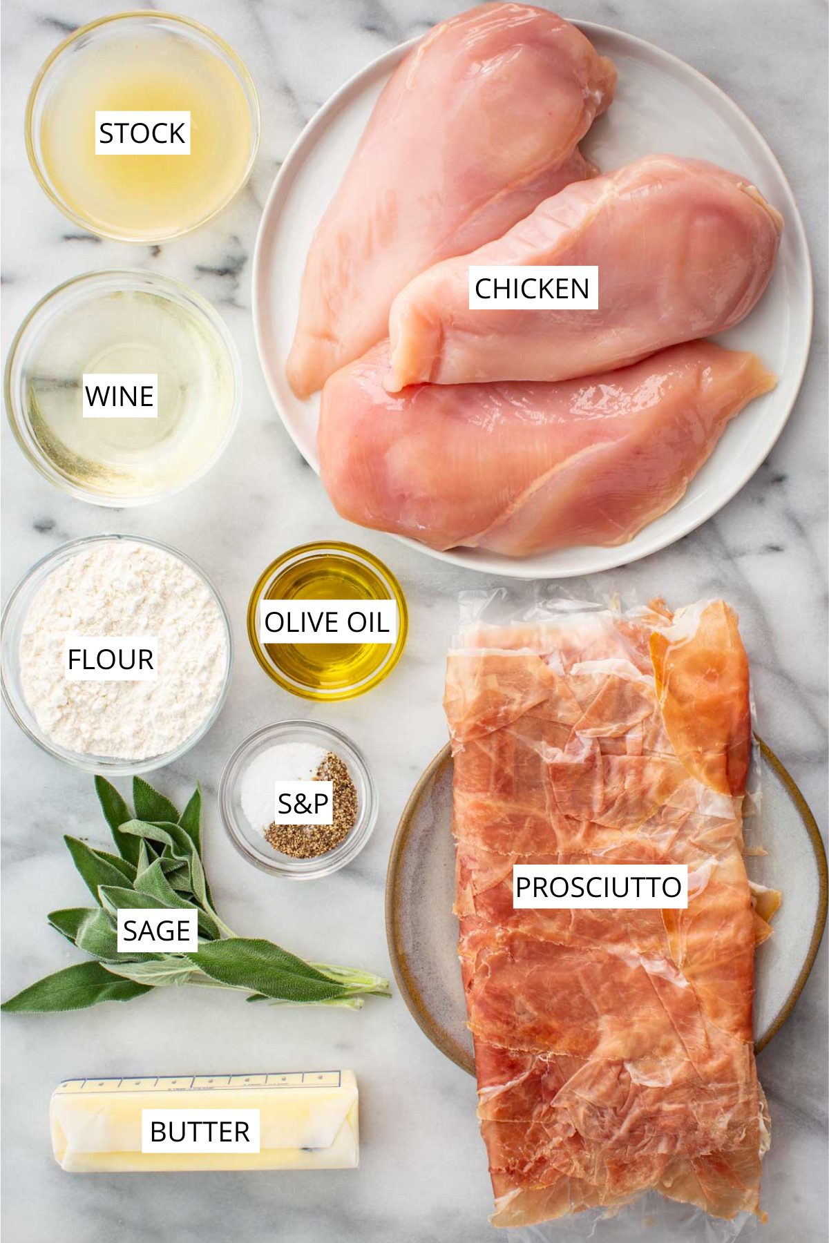 Overhead shot of labeled ingredients including chicken, prosciutto, butter, sage, olive oil, flour, wine and stock