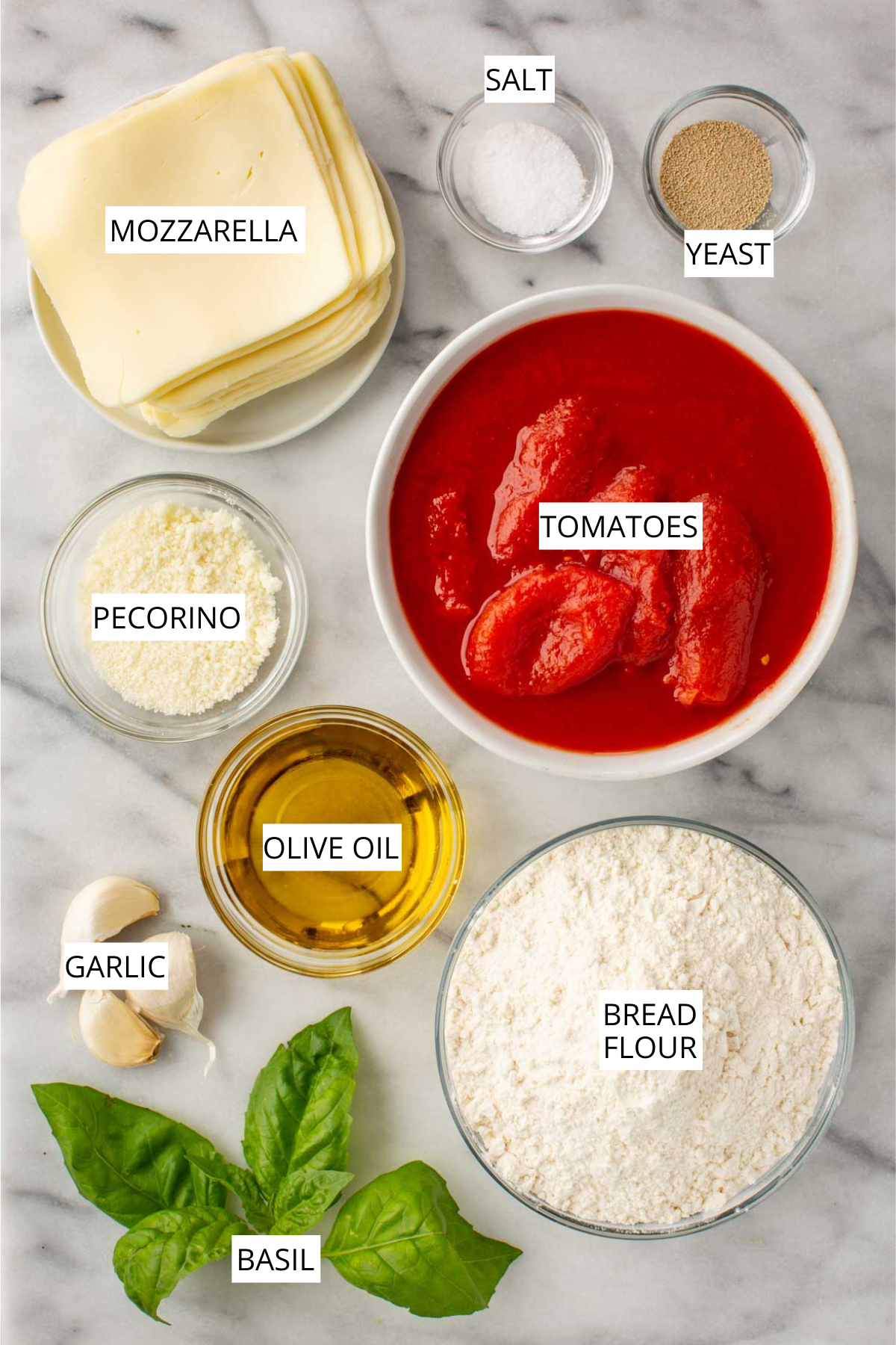 Overhead view of labeled grandma pizza ingredients on a marble surface, including mozzarella, tomatoes, bread flour, olive oil, Pecorino, garlic, basil, salt, and yeast.