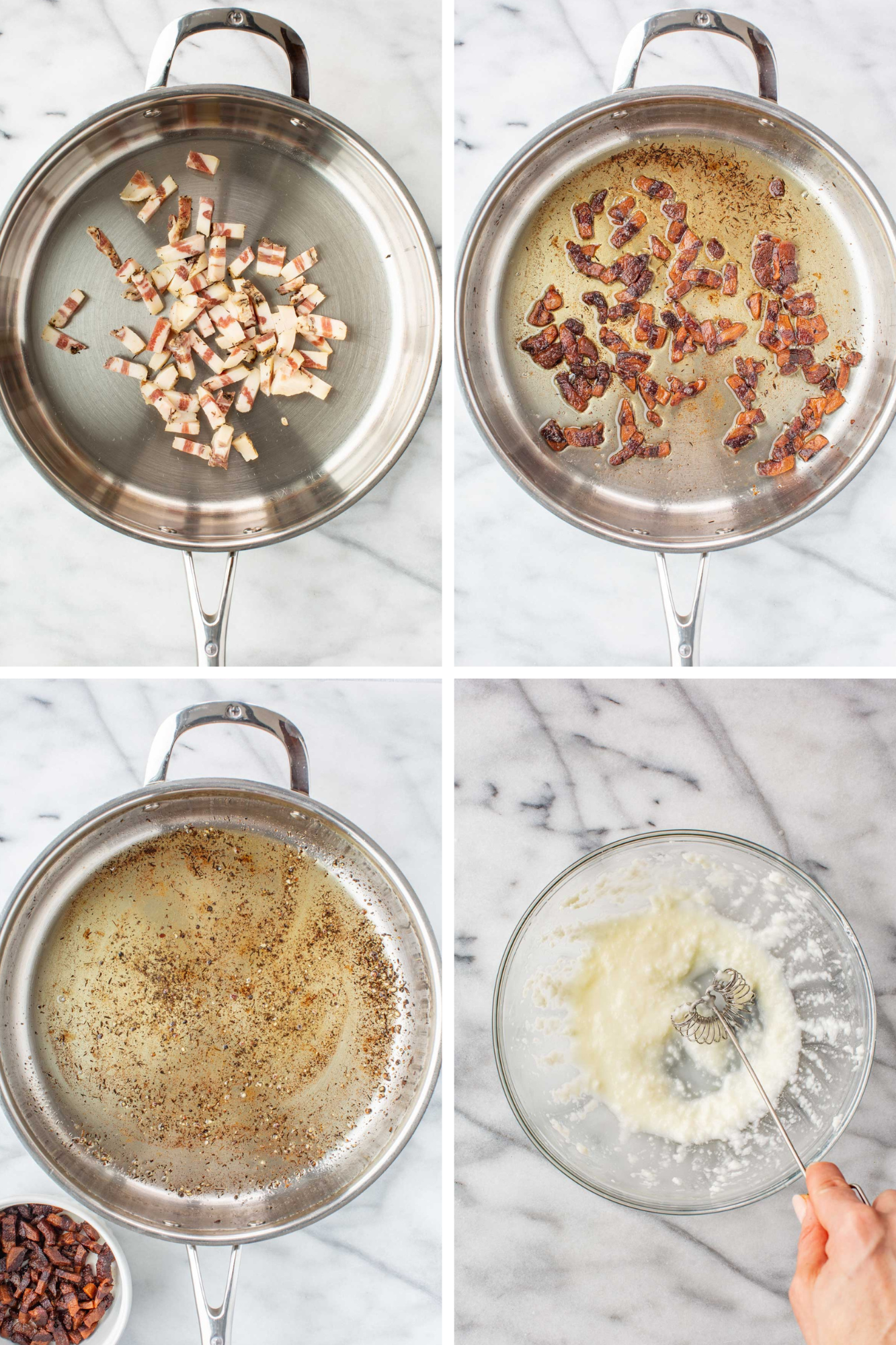 Four-step collage showing diced guanciale rendering in a skillet, turning golden and crisp, followed by rendered fat in the pan and grated cheese being mixed into a creamy paste.