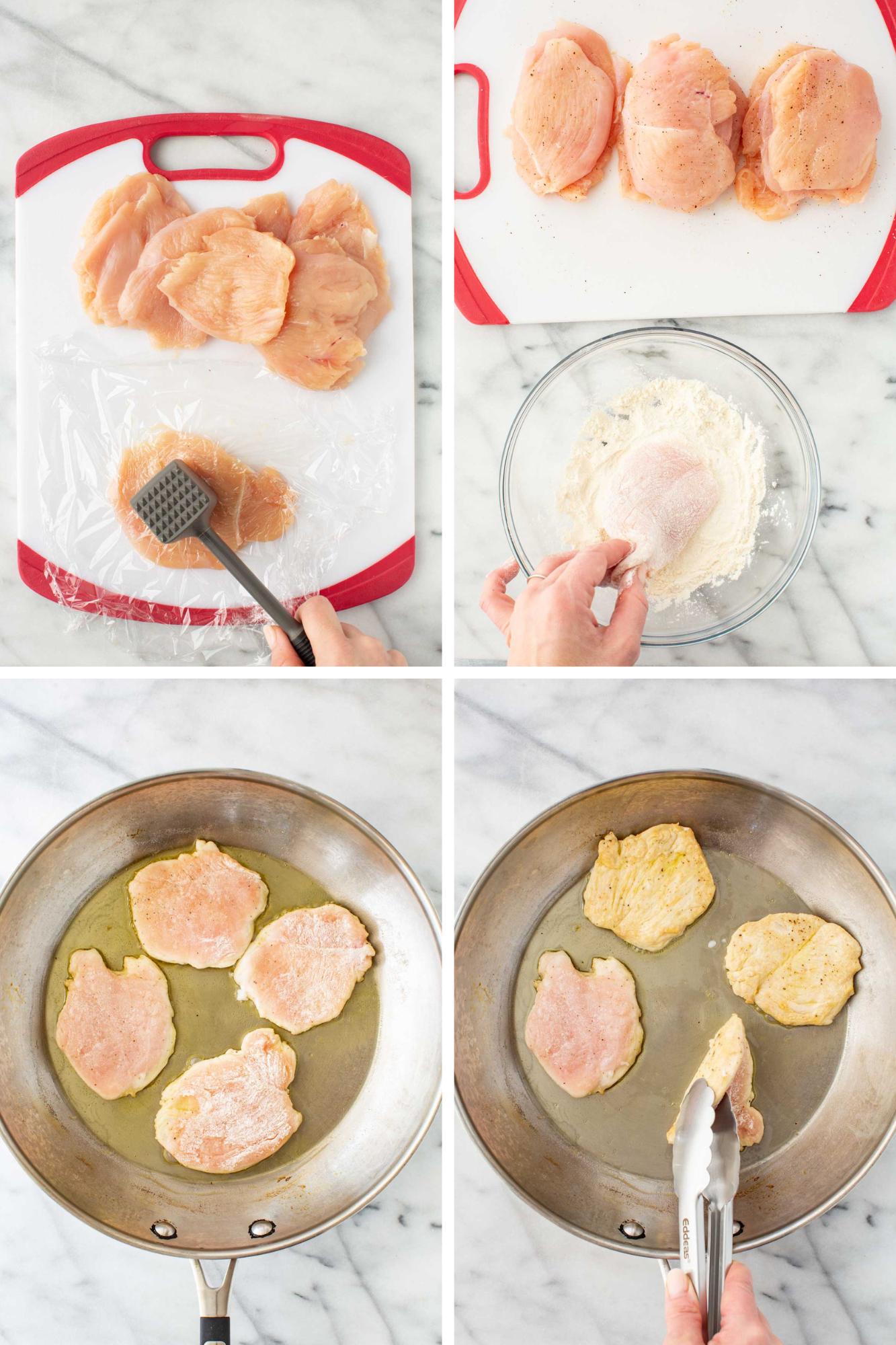 Four-step process showing chicken preparation: pounding chicken breasts thin under plastic wrap with a meat mallet, seasoned cutlets on a cutting board, dredging a cutlet in flour in a glass bowl, and searing cutlets in an olive oil-coated stainless steel skillet with tongs.