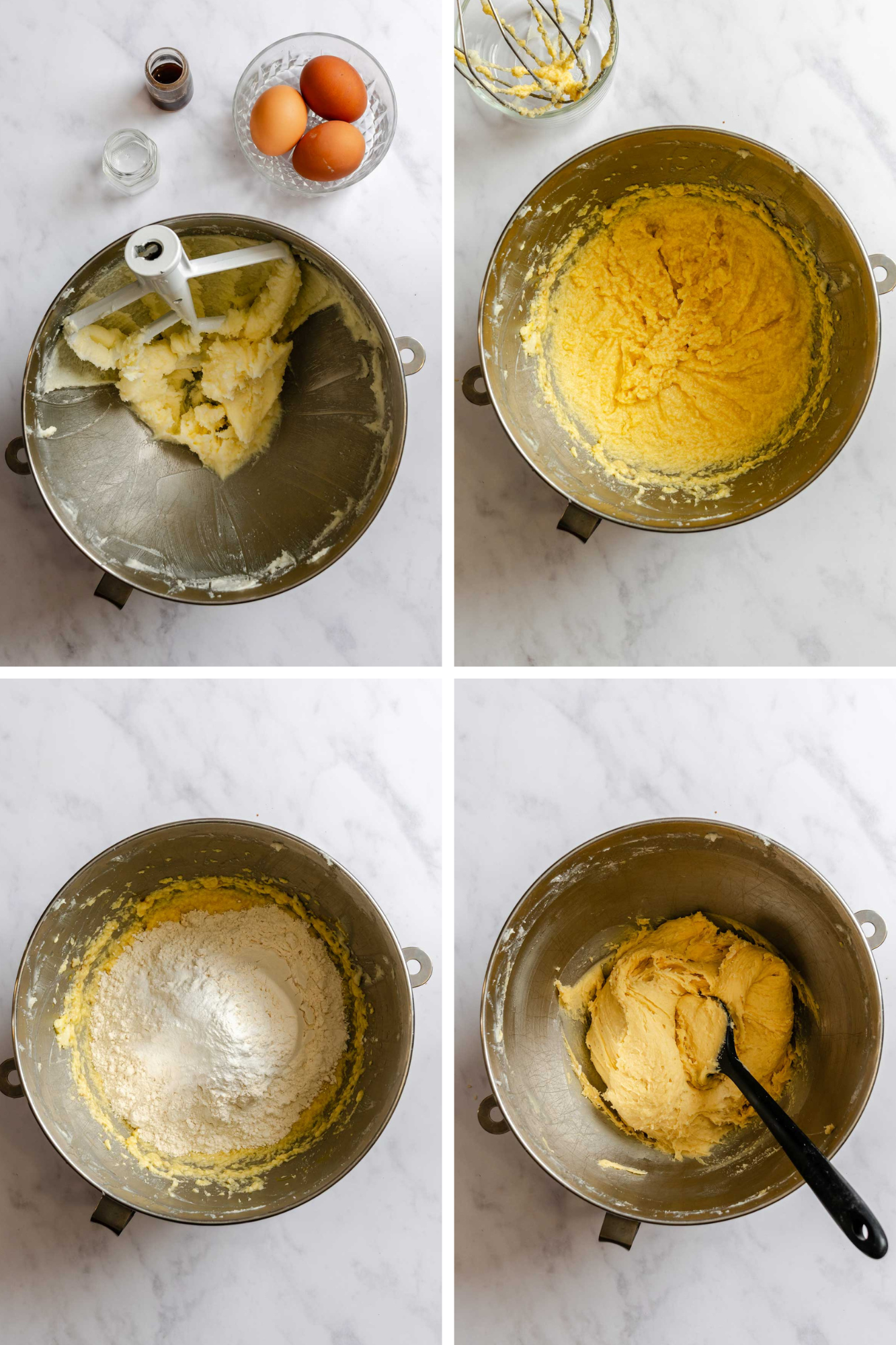 Four-panel process photo showing cookie dough preparation: butter and sugar in a stand mixer, creamed butter-egg mixture, flour added to the bowl, and the finished soft dough with a spatula."