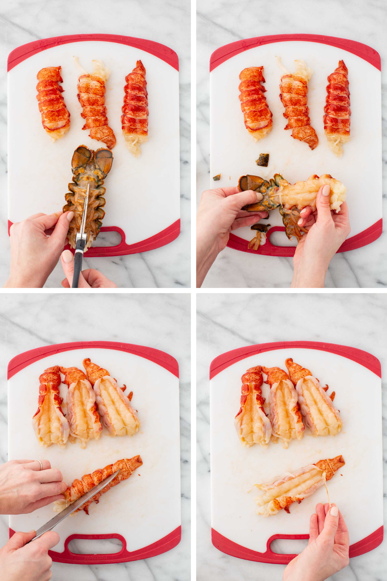Step by step collage of how to remove lobster meat from shells.