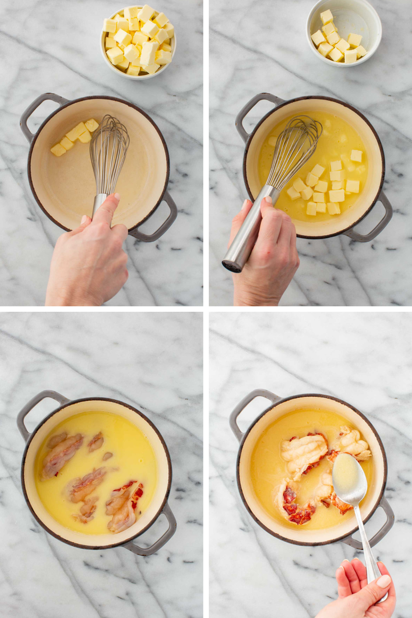 Step by step collage of how to make beurre monté and poach lobster in it.