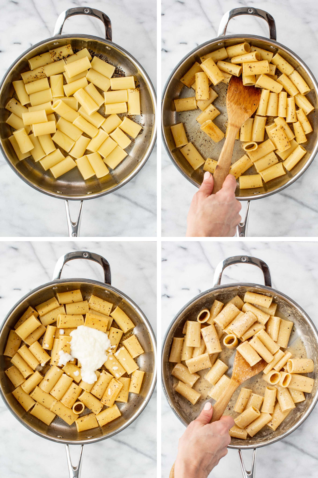 Four-step collage showing showing pasta being tossed with rendered guanciale, pasta water and pecorino romano blended with water until a creamy sauce coats the noodles.