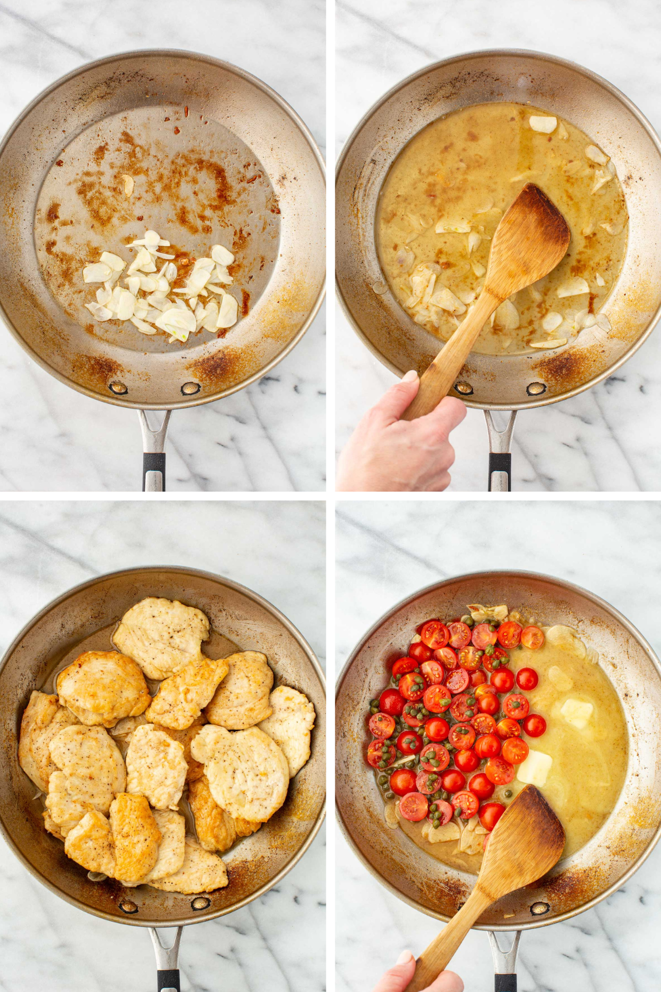 Four-step process showing sauce preparation: sautéing sliced garlic in the pan drippings, deglazing with white wine and stock, returning the browned chicken cutlets to the pan, and adding halved cherry tomatoes, capers, and butter to the sauce.