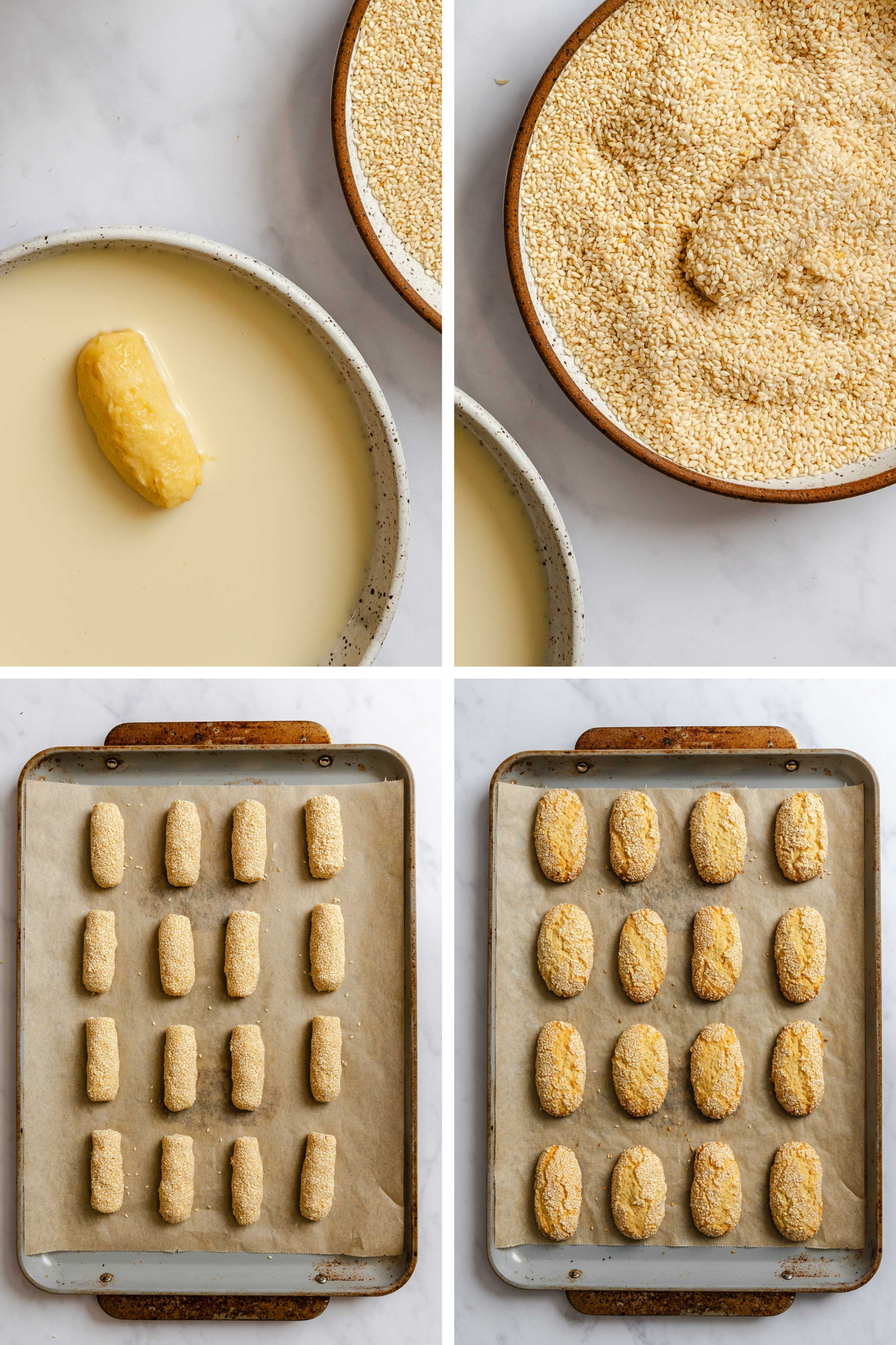 Four-panel process photo showing cookie shaping and baking: a dough log dipped in milk, rolled in sesame seeds, unbaked cookies arranged on a parchment-lined baking sheet, and the same cookies after baking, puffed and golden.