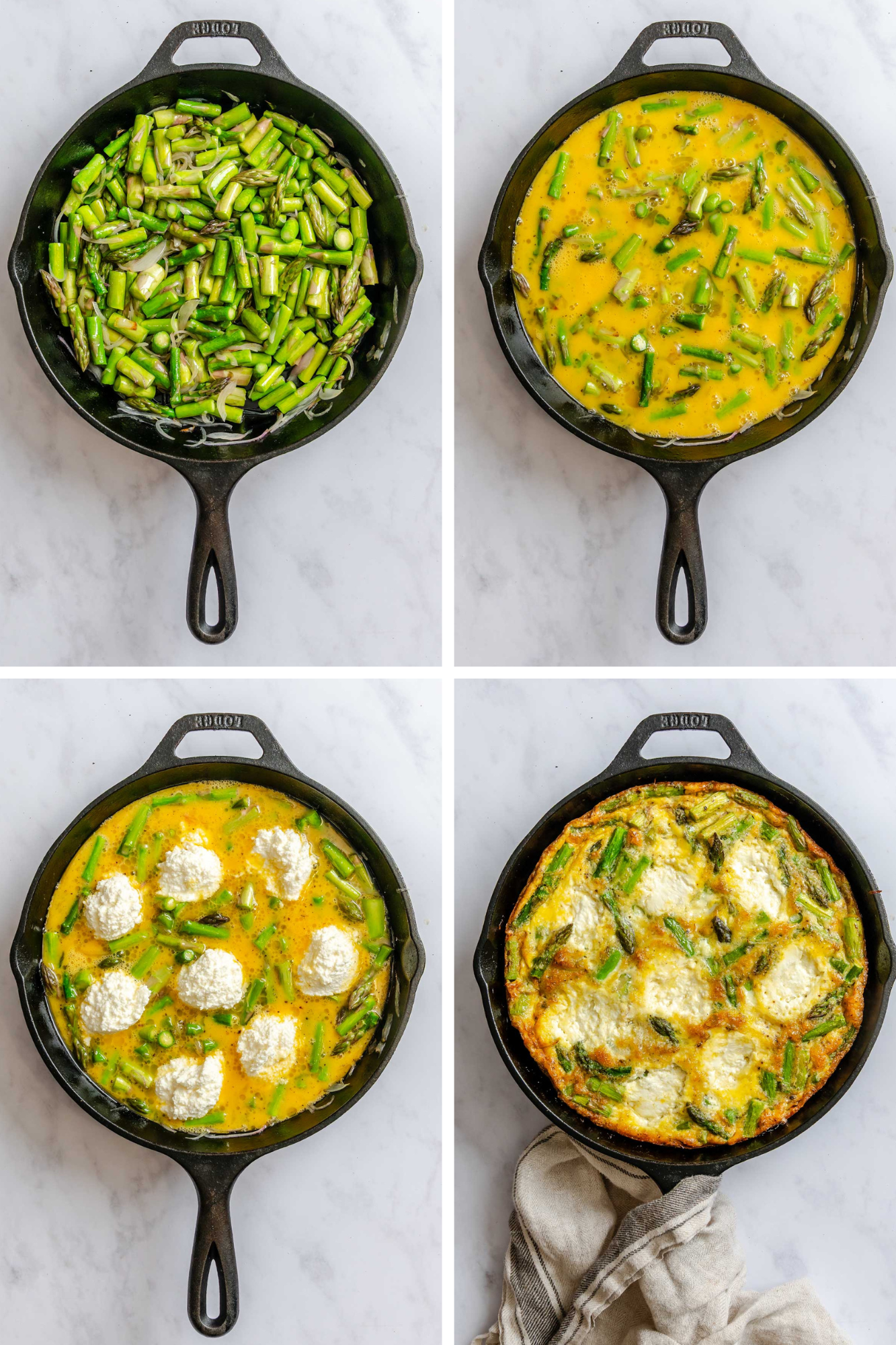 Frittata step by step collage including adding whipped eggs to cast iron skillet with asparagus, then adding ricotta and baking until golden brown.