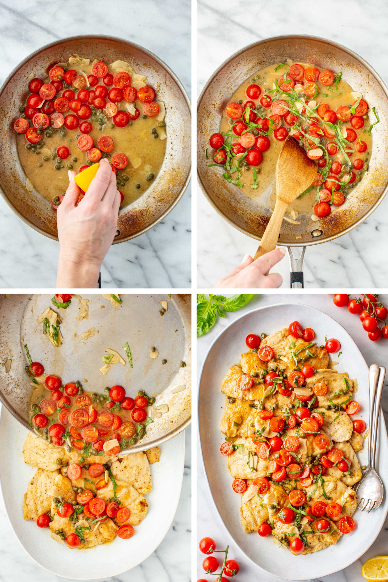Four-step process showing finishing the dish: squeezing fresh lemon juice over the tomatoes and capers, stirring in fresh basil chiffonade, spooning the tomato-caper sauce over the chicken on a serving platter, and the final plated dish garnished and ready to serve.