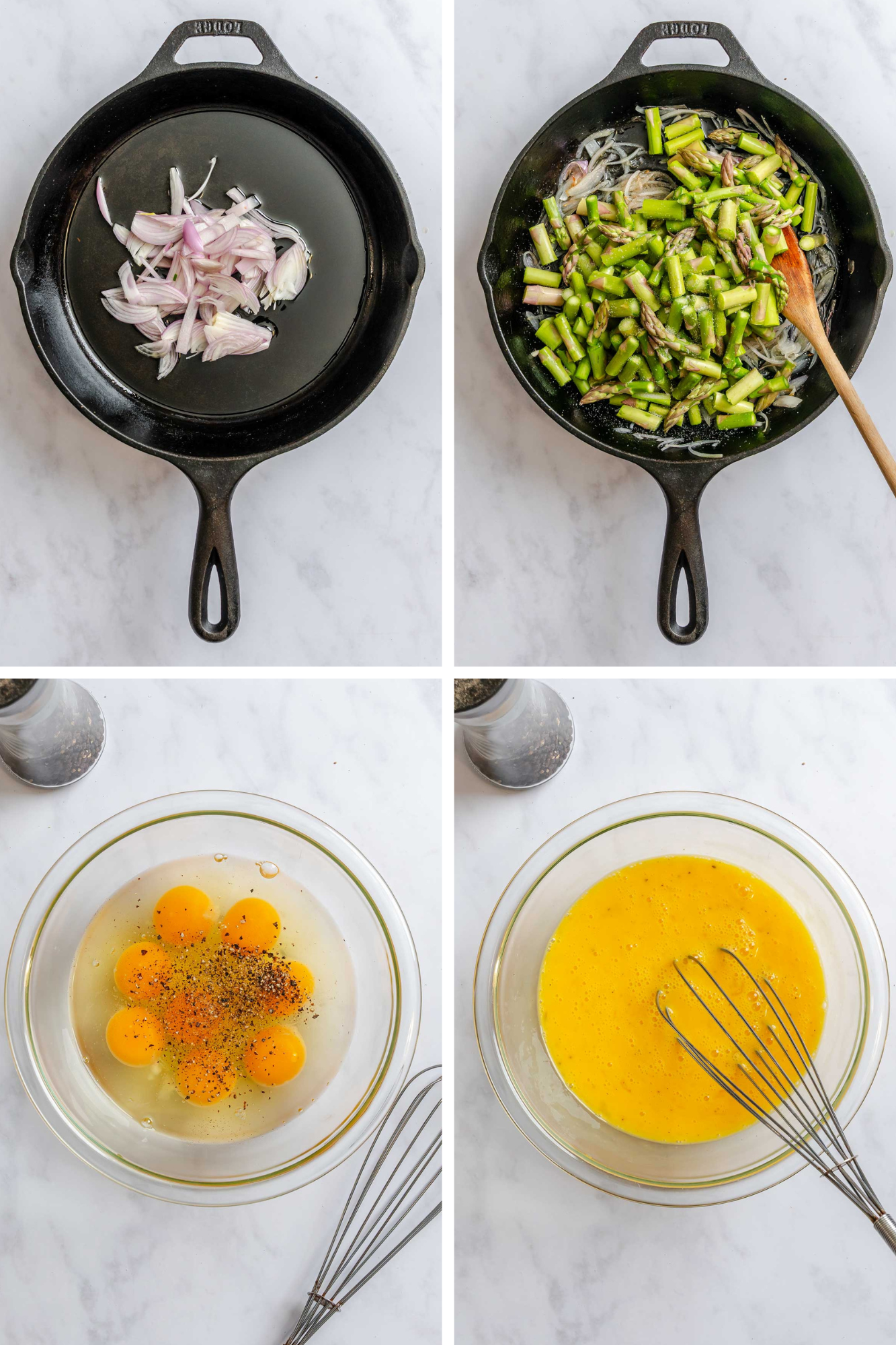 Frittata step by step collage including sauteeing shallots and asparagus in a cast iron skillet, and whipping eggs in bowl.