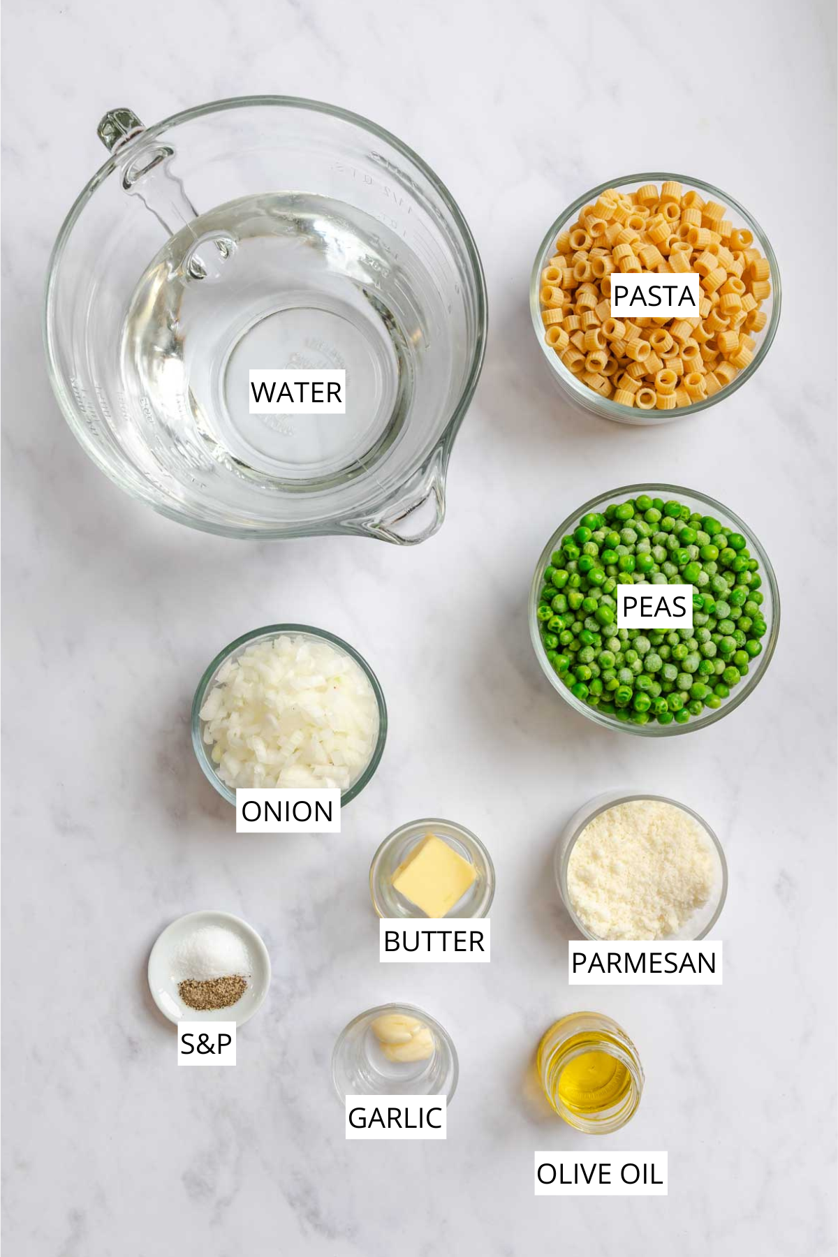 Labeled ingredients of pasta e piselli, including pasta, peas, onion, butter, parmesan, garlic and olive oil.