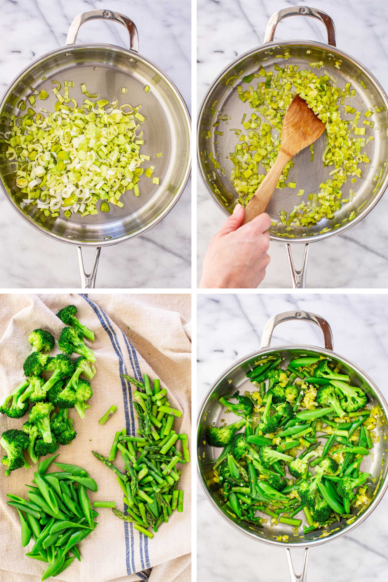 Four-step process photos showing: raw sliced leeks in a stainless skillet; a hand stirring sautéed leeks with a wooden spatula; prepped broccoli florets, snap peas, and asparagus pieces laid out on a linen towel; and all the vegetables added to the skillet with the leeks.