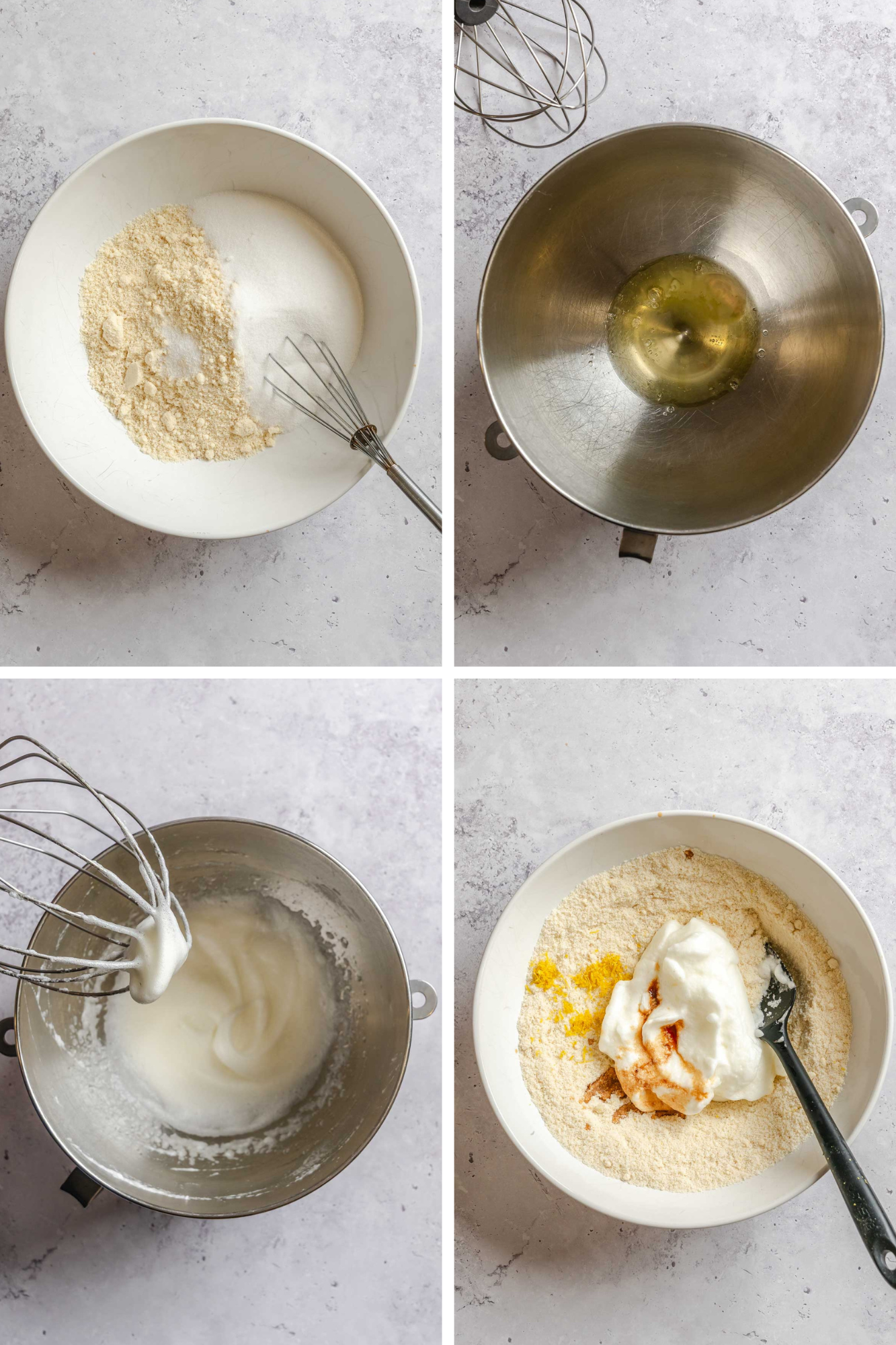 Four-panel collage showing cookie preparation steps: mixing dry ingredients, whipping egg whites and combining both.