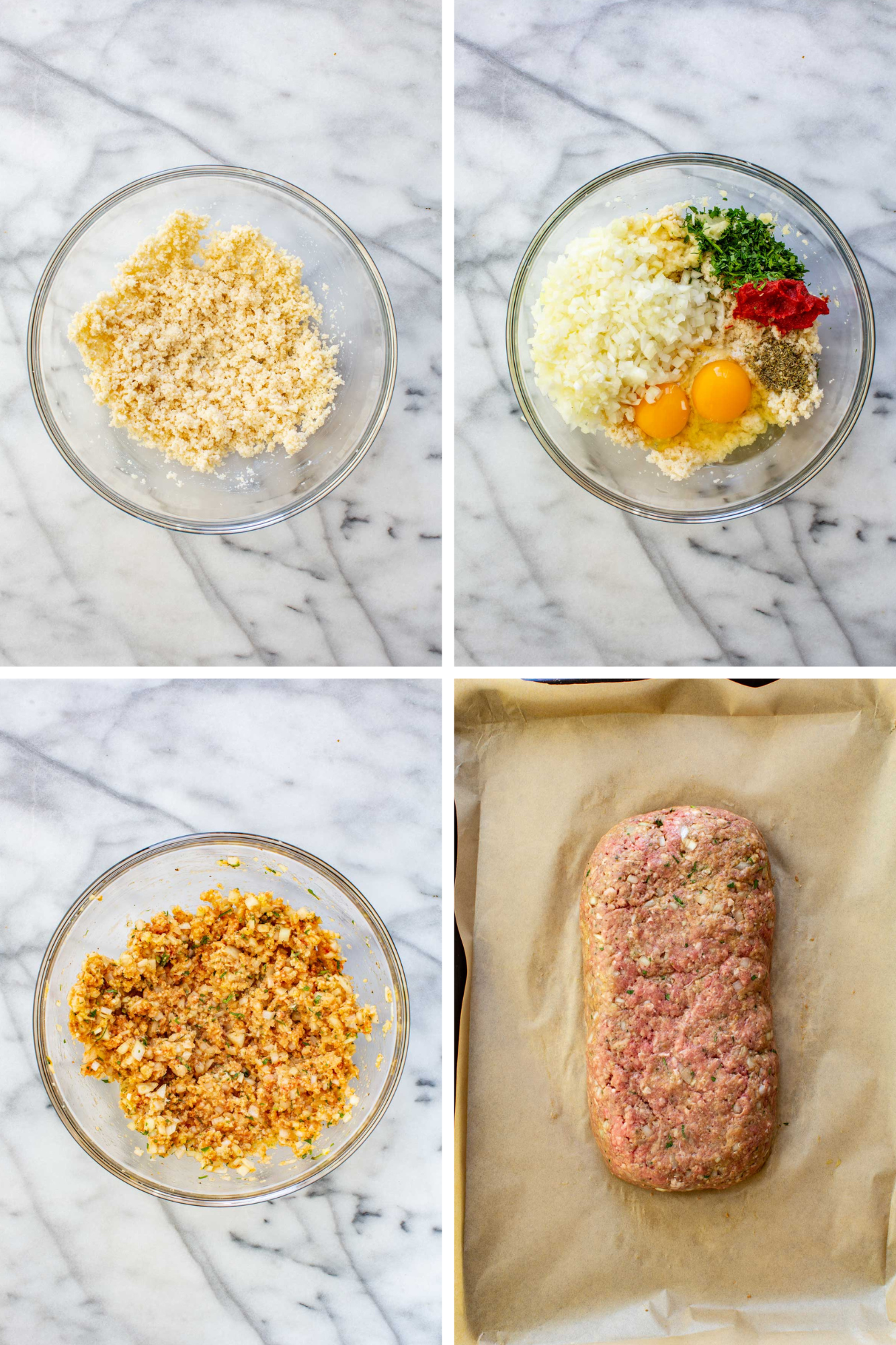 Four-step process photos showing: panko soaking in milk; adding eggs, onion, parsley, garlic, tomato paste, and seasonings to the bowl; the fully combined mixture; and the shaped raw meatloaf on a parchment-lined baking sheet.