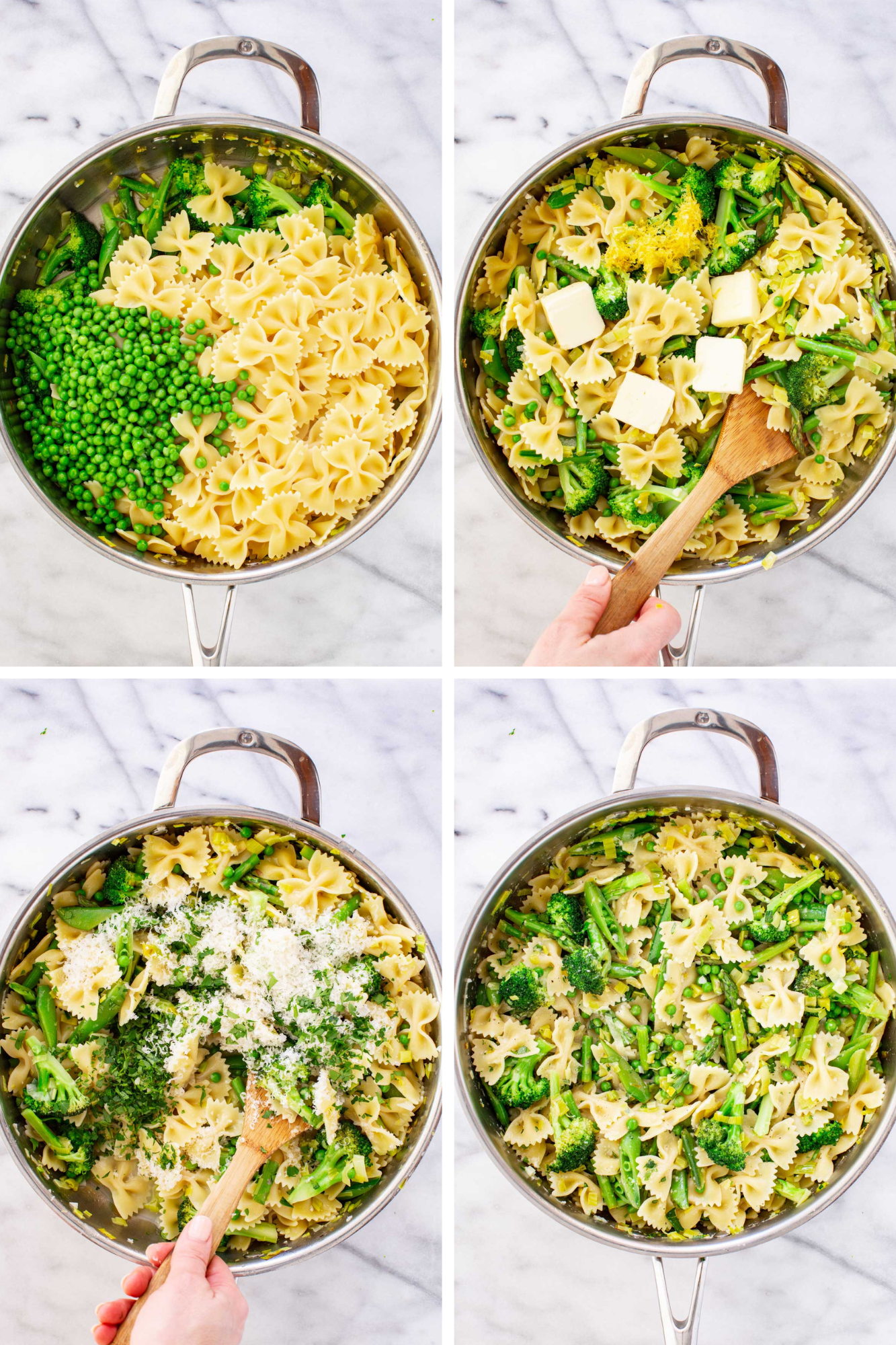 Four-step process photos showing: cooked farfalle pasta and green peas added to the vegetable skillet; butter pats and lemon zest stirred into the pasta with a wooden spoon; grated parmesan and chopped herbs folded in; and the finished pasta primavera fully combined and ready to serve.