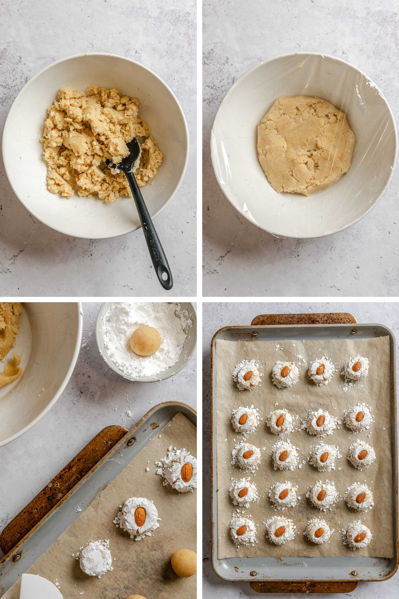 Four-panel collage showing cookie preparation steps: mixing ingredients into dough, rolling cookie balls into powdered sugar and topping with a single almond.