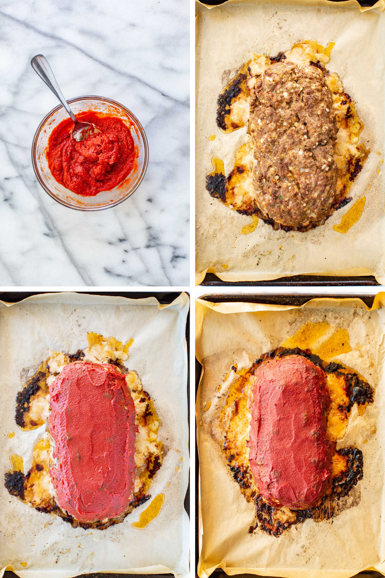 Four-step process photos showing: the tomato paste glaze in a bowl; the meatloaf after the first bake; the loaf with glaze applied; and the finished meatloaf with a deeply caramelized tomato glaze fresh from the oven.