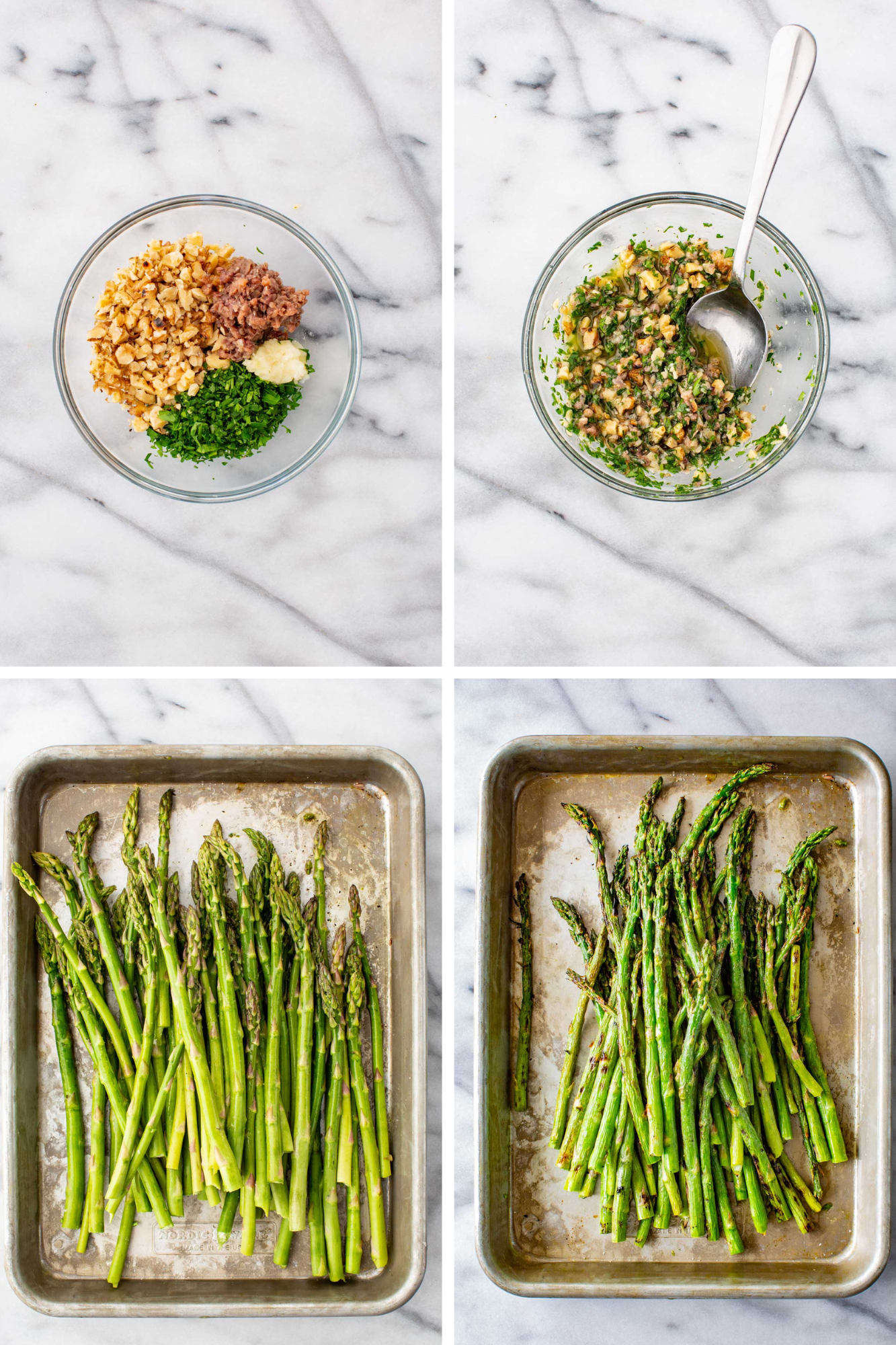 A four-panel step-by-step process collage showing how to make grilled asparagus: top-left shows chopped walnuts, anchovies, parsley, and garlic in a glass bowl; top-right shows the ingredients mixed together into a sauce with a spoon; bottom-left shows raw asparagus spears spread on a baking sheet; bottom-right shows the asparagus after roasting, charred and tender on the same sheet pan.