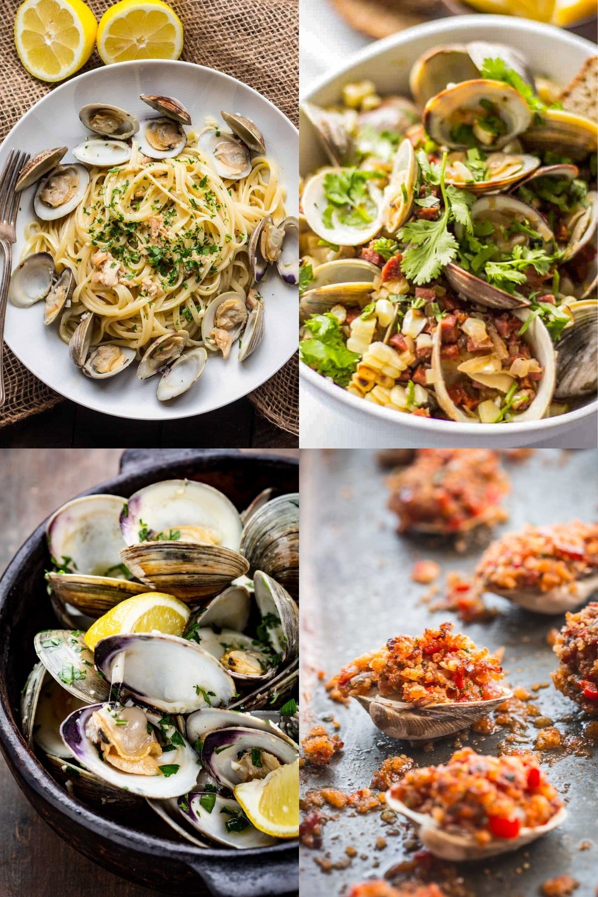 Four photos of the best clam recipes including linguine with clam sauce, clams with chorizo and grilled corn, steamed clams with wine and garlic and clams casino.