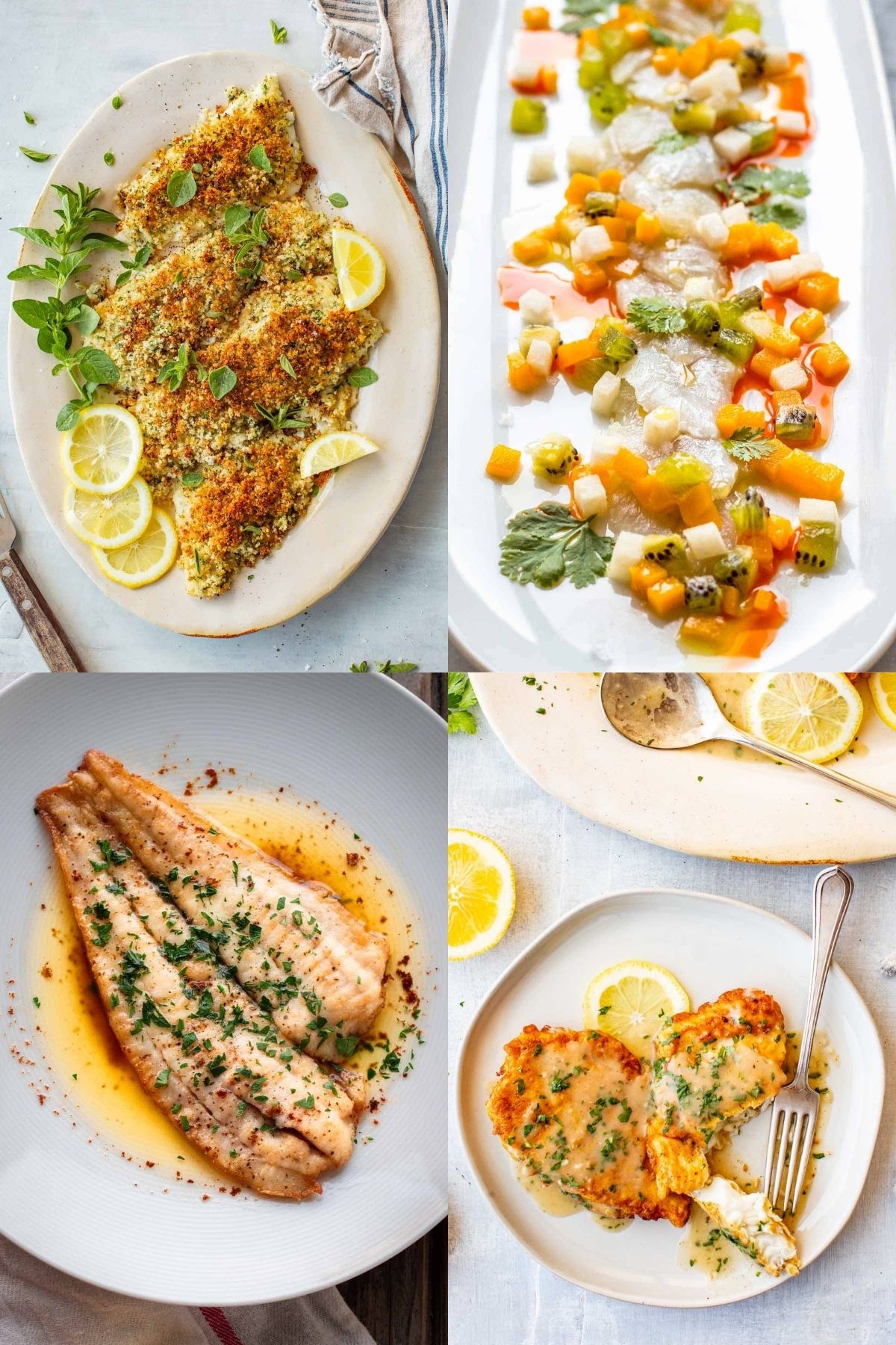 Four photos of the best flounder recipes including flounder oreganata, fluke crudo, flounder meuniere, and flounder francaise.