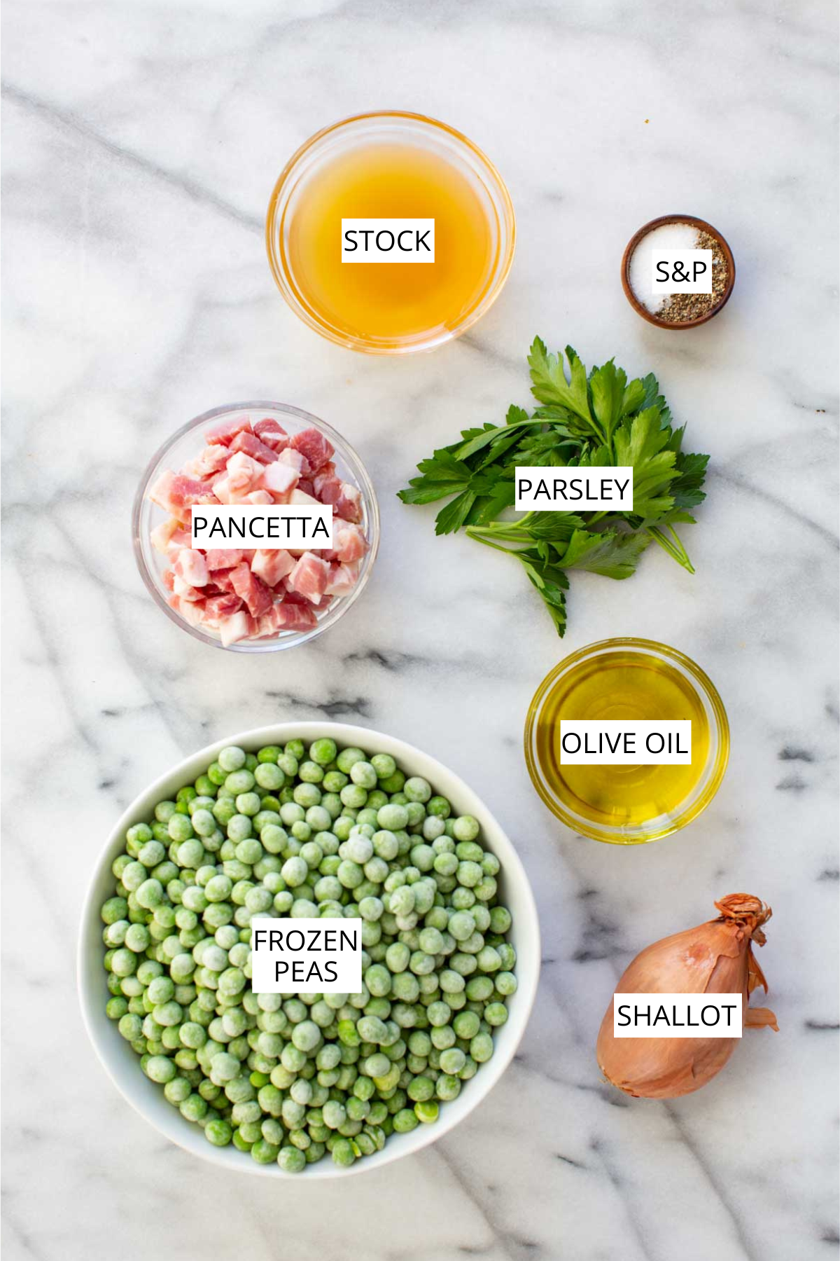 Overhead flat lay of ingredients for peas and pancetta: frozen peas, diced pancetta, sliced shallot, olive oil, chicken stock, fresh parsley, and salt and pepper.