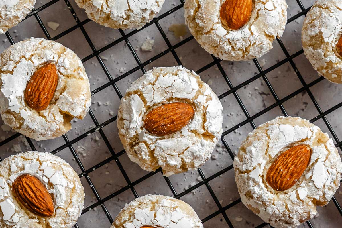 Overhead shot of Sicilian almond cookies over a cookie tray.