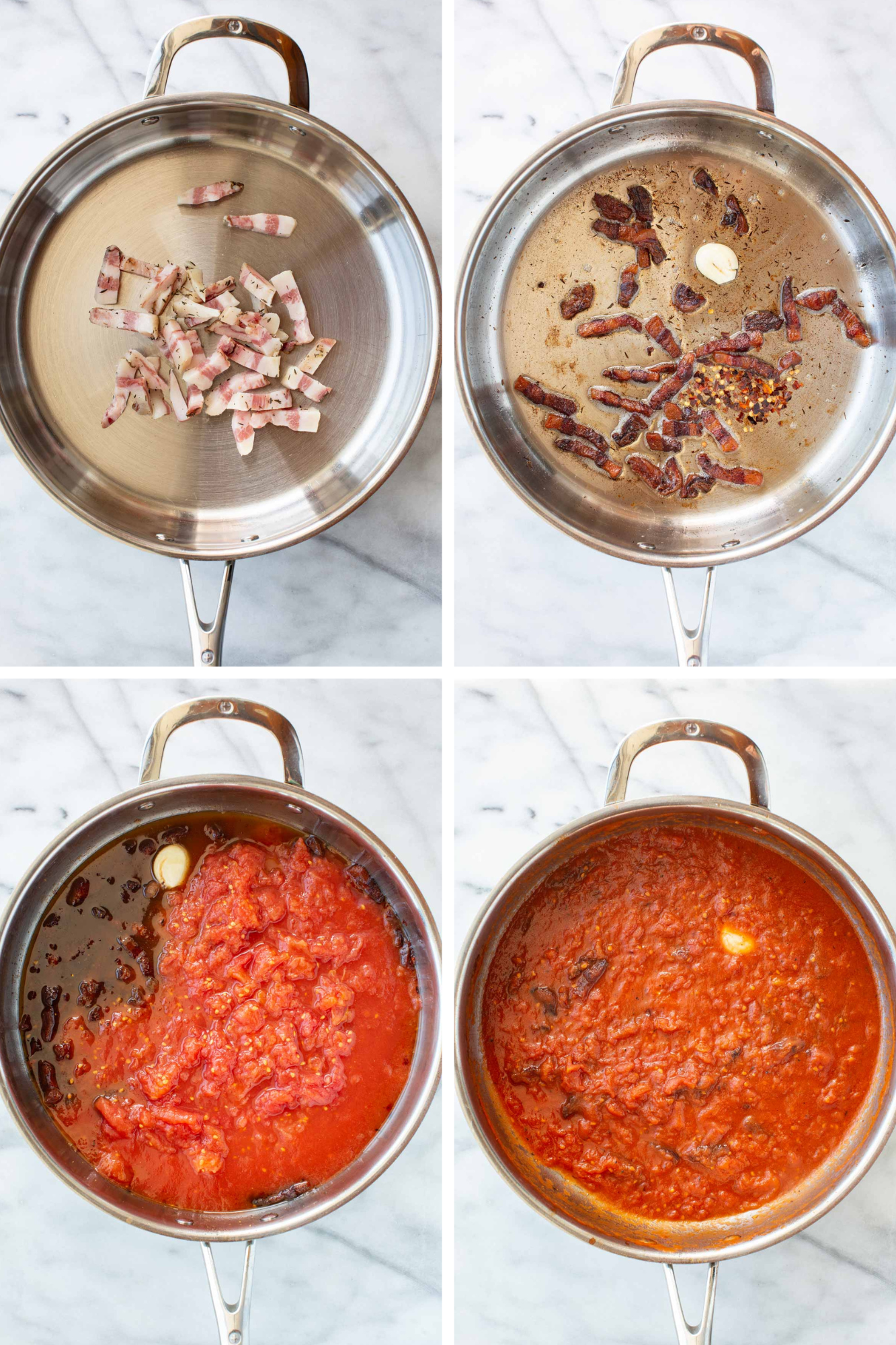 Four-panel process photo showing the steps to make amatriciana sauce: (1) raw guanciale strips in a stainless steel pan; (2) crisped guanciale with a garlic clove and red pepper flakes added; (3) crushed canned tomatoes added to the pan; (4) the sauce after simmering, thick and deep red.