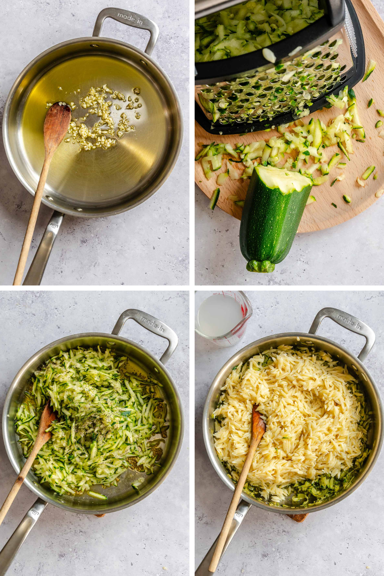 Four-step process collage showing the preparation of zucchini orzo: garlic sautéing in olive oil in a stainless steel pan; a whole zucchini being grated on a box grater over a cutting board; shredded zucchini cooking in the pan with seasoning; and dry orzo added to the pan alongside the zucchini mixture.