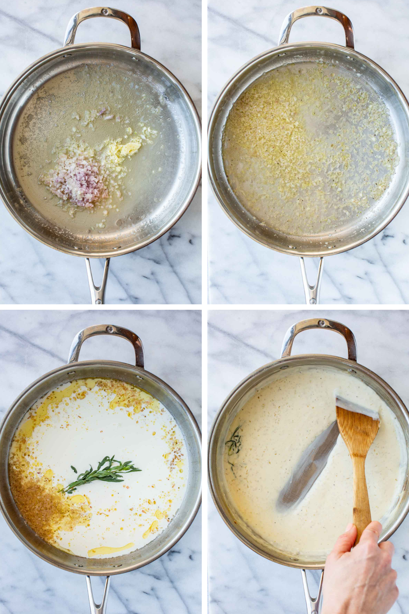 Four-panel step-by-step process showing the start of the sauce: top left, minced shallot and garlic added to a dry stainless skillet; top right, the aromatics softened and lightly golden; bottom left, heavy cream and a tarragon sprig added to the pan; bottom right, the cream sauce stirred with a wooden spatula as it thickens.