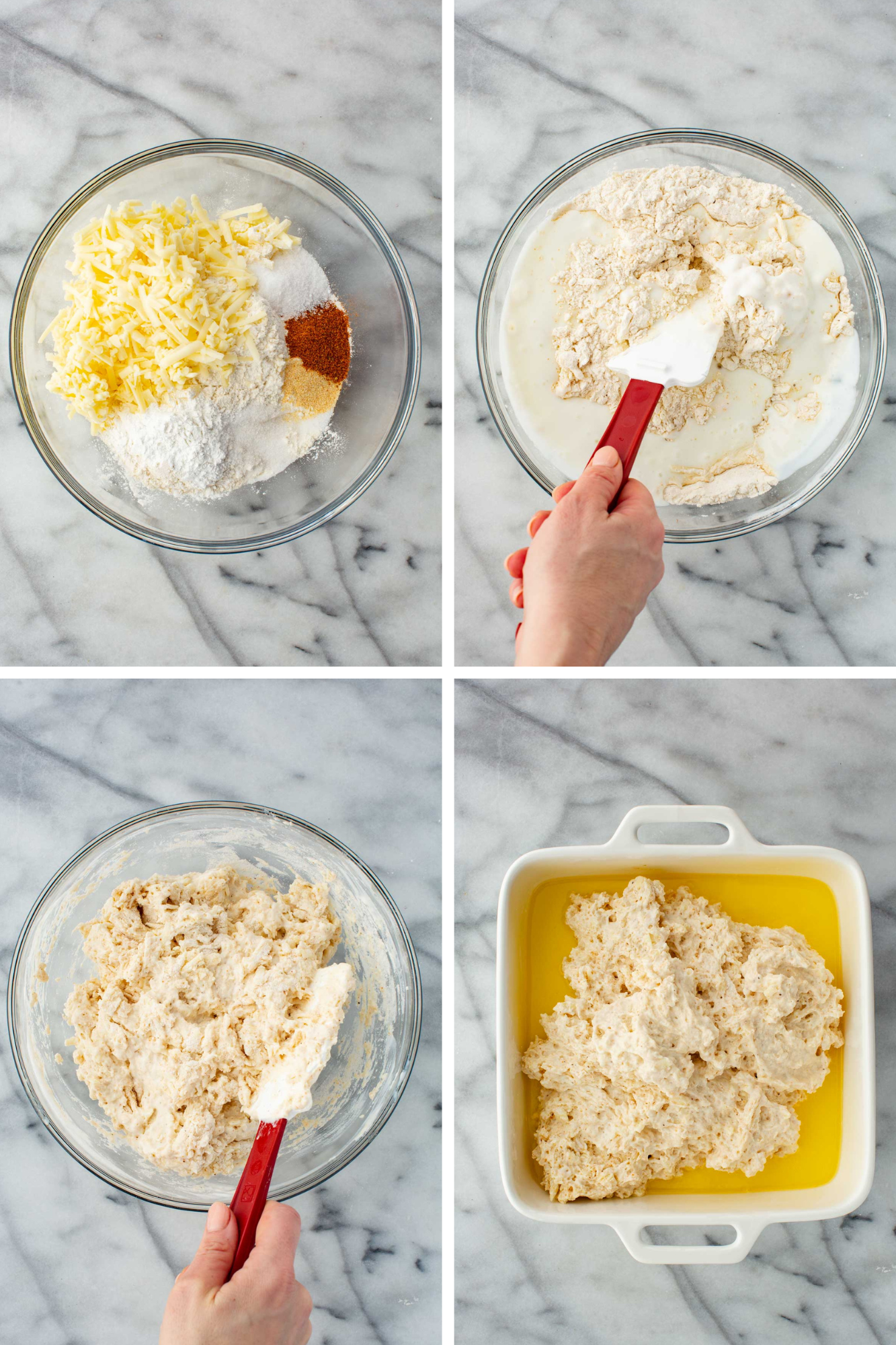 Four-step process collage showing: dry ingredients and shredded cheese combined in a glass bowl; buttermilk being folded in with a red spatula; the finished shaggy dough; and the dough dropped into a butter-lined white baking dish.