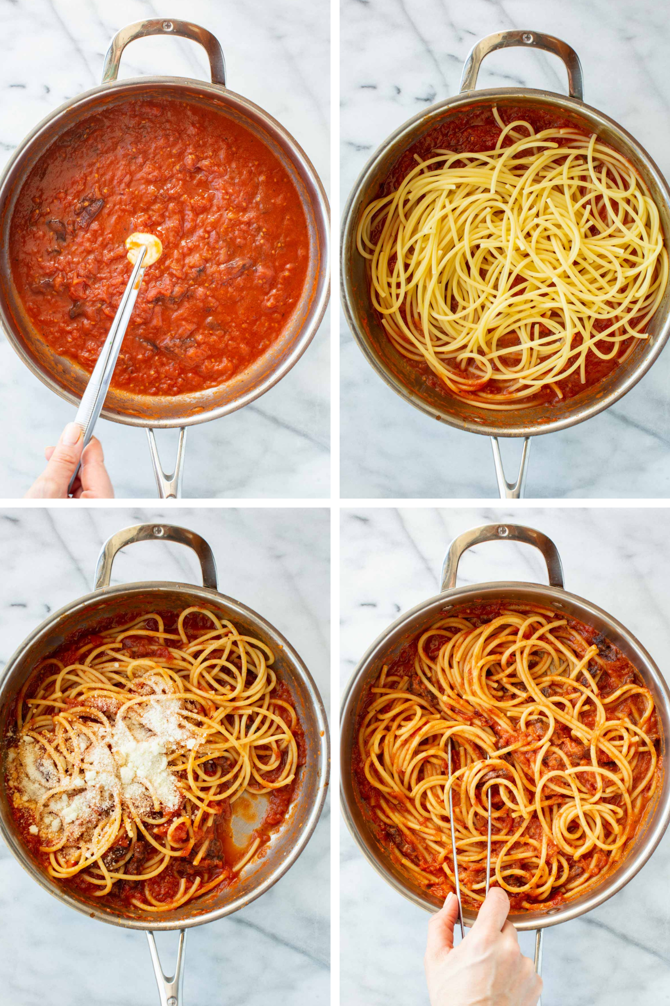 Four-panel process photo showing the final steps of assembling pasta all'amatriciana: (1) the garlic clove being removed from the finished sauce with tongs; (2) al dente spaghetti added to the pan; (3) grated pecorino romano added to the pasta; (4) pasta tossed together with tongs until fully coated in the sauce.