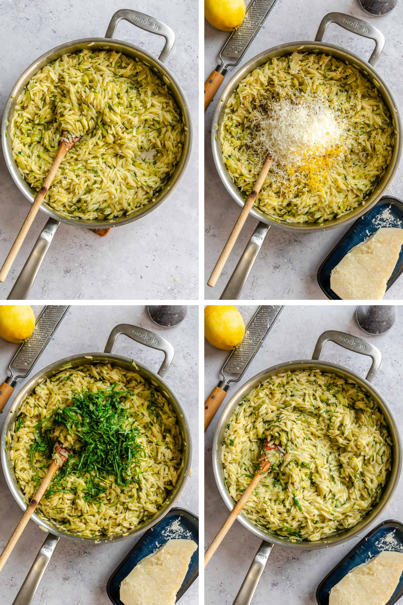 Four-step process collage showing the finishing stages of zucchini orzo: the cooked orzo and zucchini combined in a pan; grated Parmigiano and lemon zest added on top; fresh chopped basil stirred in; and the final dish fully mixed and ready to serve.