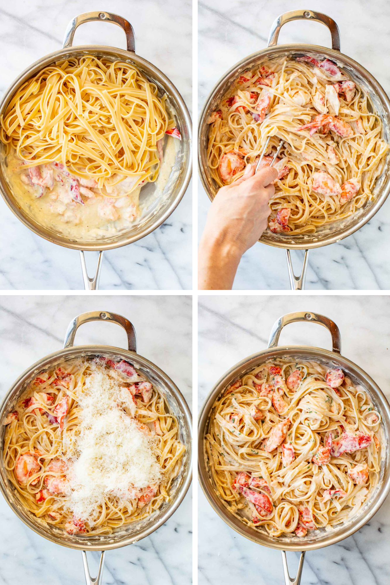 Four-panel step-by-step process showing the final assembly: top left, cooked linguine added to the creamy lobster sauce in the skillet; top right, tongs tossing the pasta to coat it evenly; bottom left, a generous mound of freshly grated Parmigiano sprinkled over the pasta; bottom right, the finished lobster pasta fully combined and ready to serve.