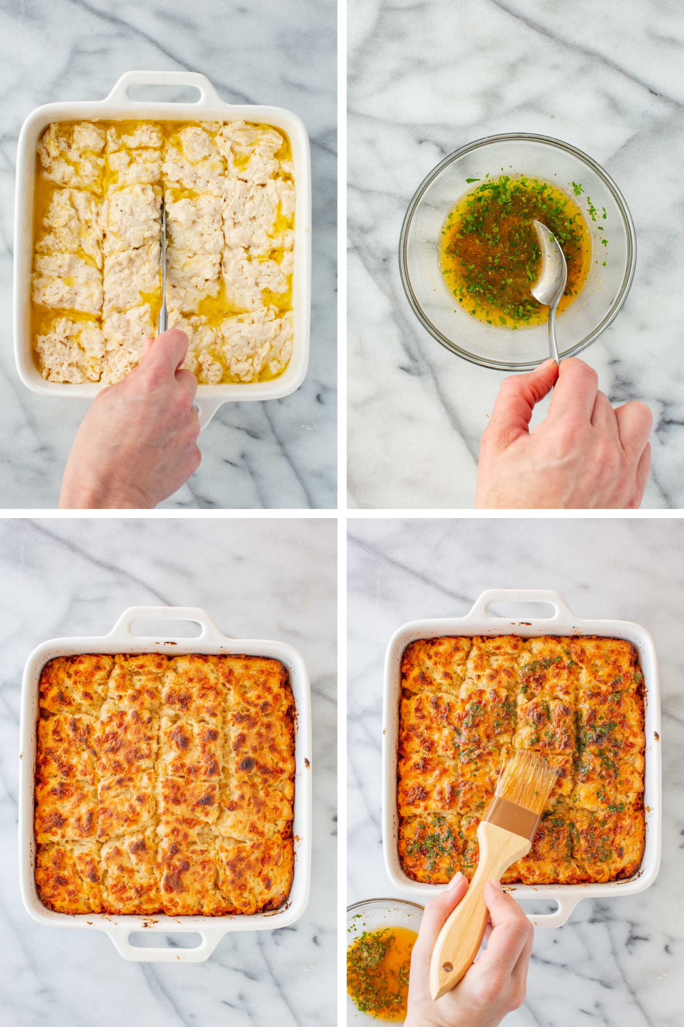 Four-step process collage showing: dough scored into squares with a knife in a butter-filled baking dish; a garlic parsley butter mixture being stirred in a small glass bowl; fully baked golden biscuits fresh from the oven; and the butter mixture being brushed over the hot biscuits with a pastry brush.