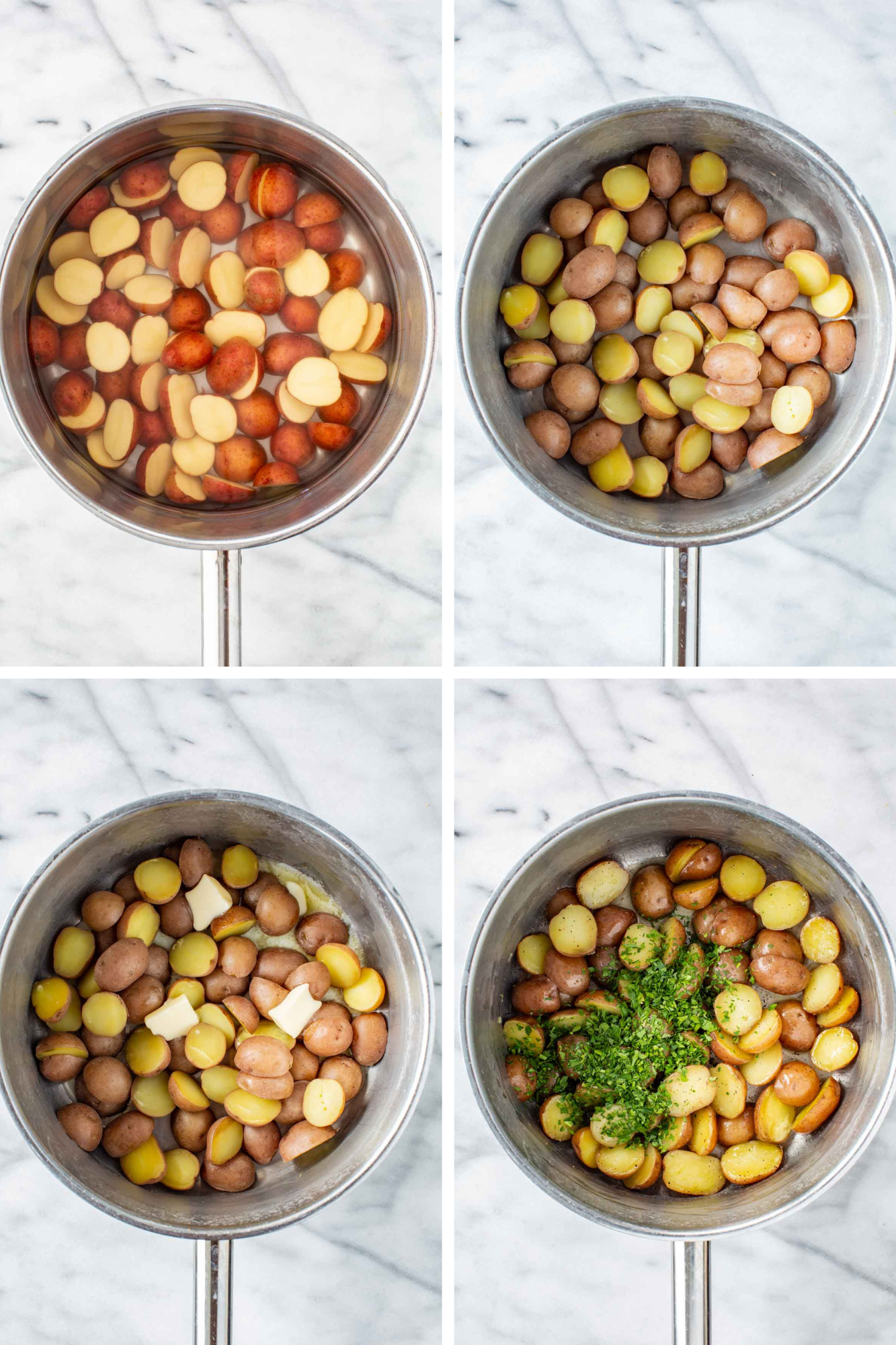 Four-panel step-by-step collage showing the preparation of buttered parsley potatoes: halved raw red potatoes submerged in water, drained cooked potatoes, butter pats added to the warm potatoes in a saucepan, and fresh parsley piled on top before tossing.