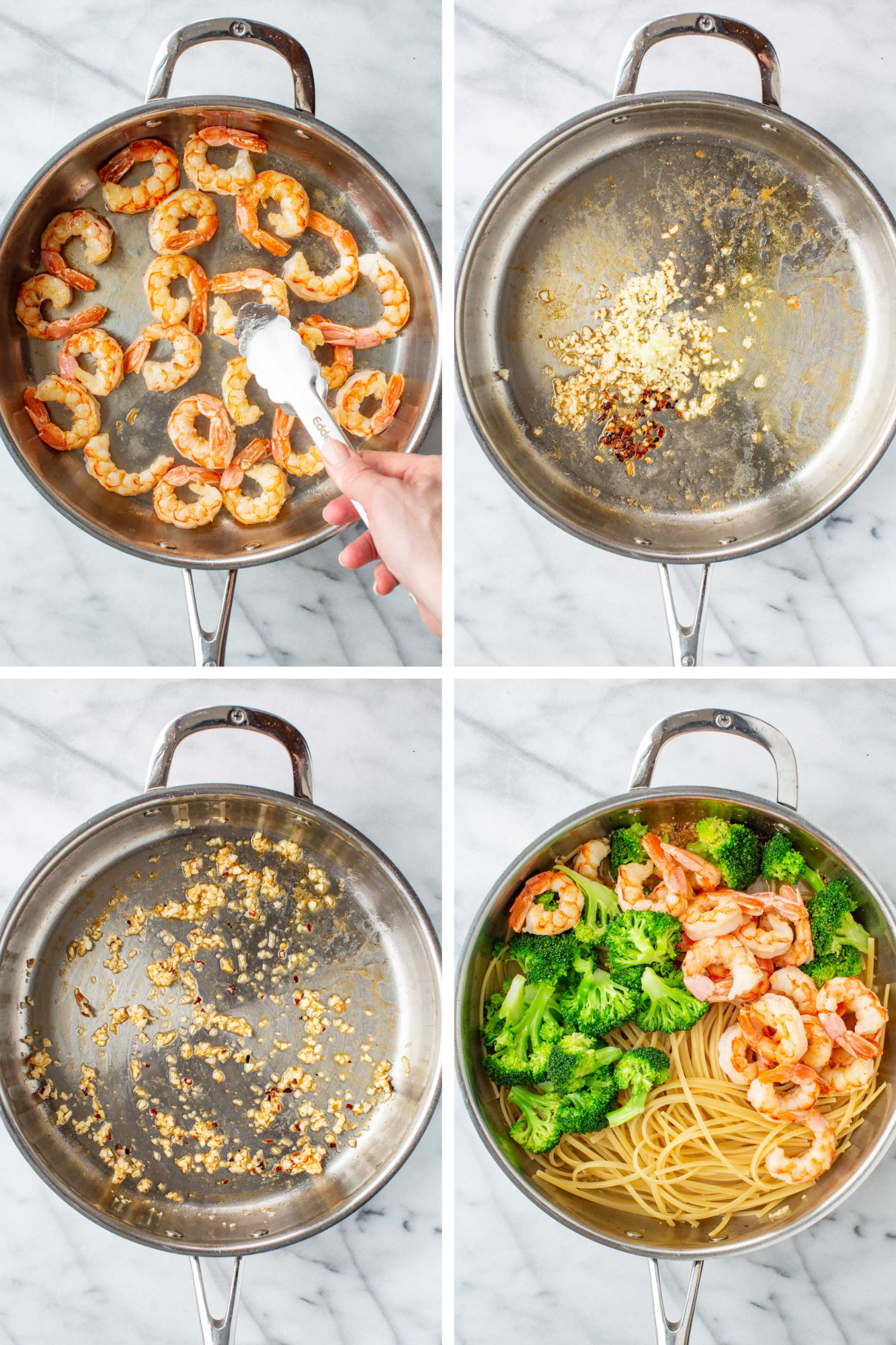Four-step process collage showing how to make shrimp and broccoli pasta: shrimp searing in a skillet, minced garlic and red pepper flakes added to the pan, toasted golden garlic, and the finished dish with pasta, broccoli, and shrimp combined in the skillet.
