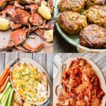 Four photos of crab recipes, including steamed blue crabs, Maryland crab cakes, crab dip, and crabs in red sauce.