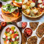 Four photos of heirloom tomato recipes including heirloom tomato toasts, a French tomato tart, caprese salad, and pan con tomate.