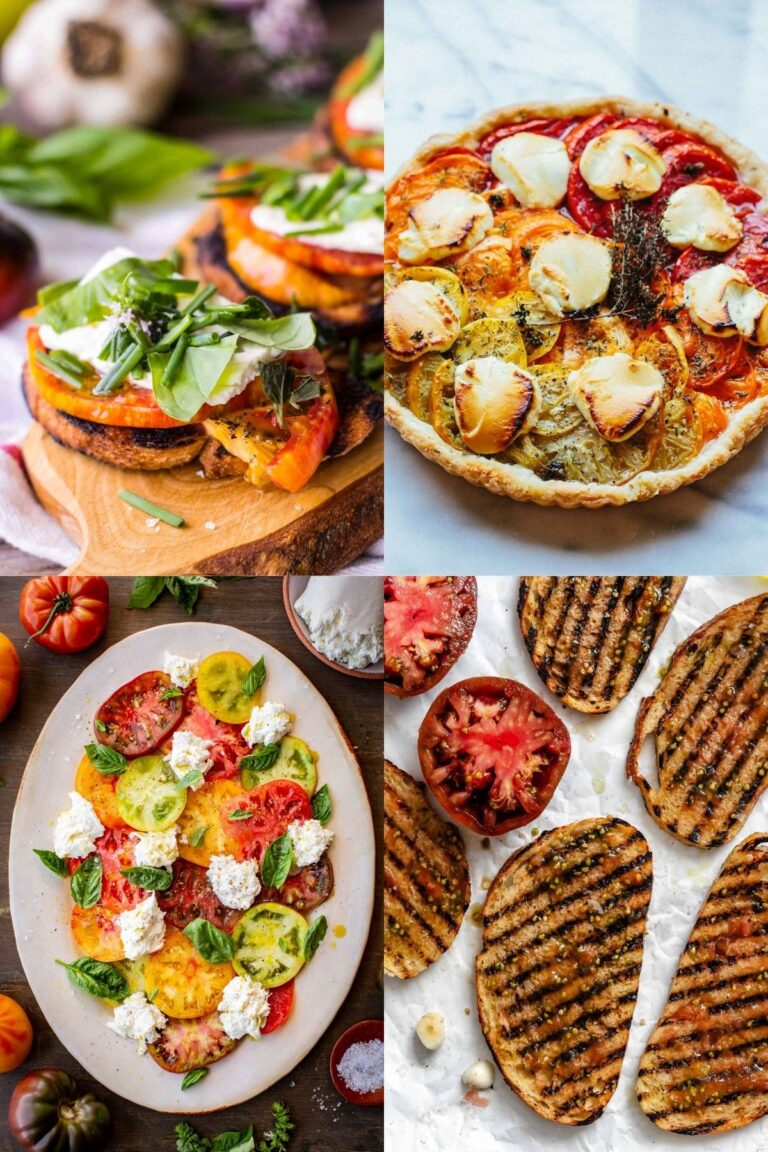 Four photos of heirloom tomato recipes including heirloom tomato toasts, a French tomato tart, caprese salad, and pan con tomate.