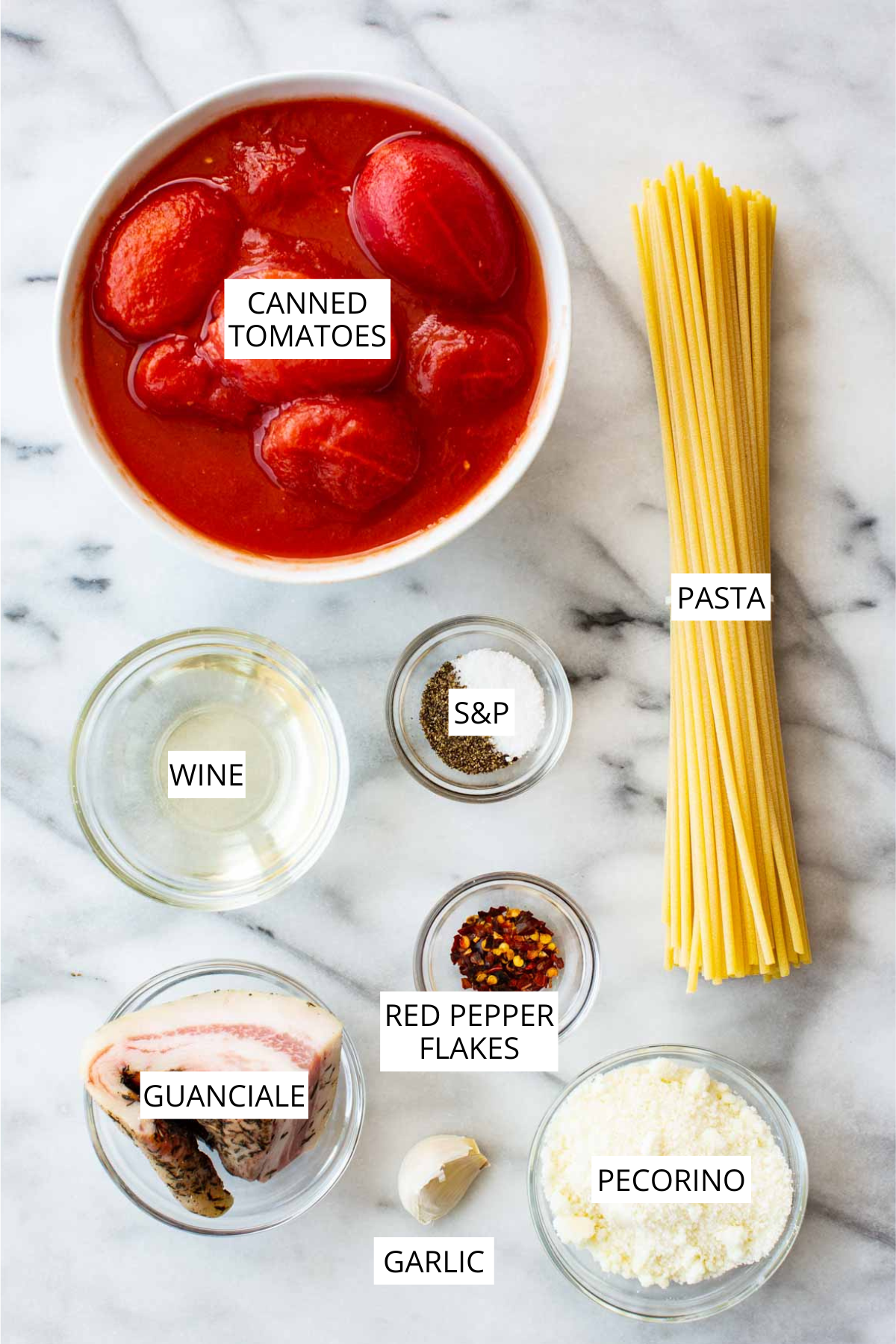 Overhead flat lay of pasta all'amatriciana ingredients on a marble surface, labeled: a bowl of whole canned tomatoes, a bundle of dry spaghetti, a bowl of white wine, a small dish of salt and pepper, red pepper flakes, a piece of guanciale, a garlic clove, and a bowl of grated pecorino romano.