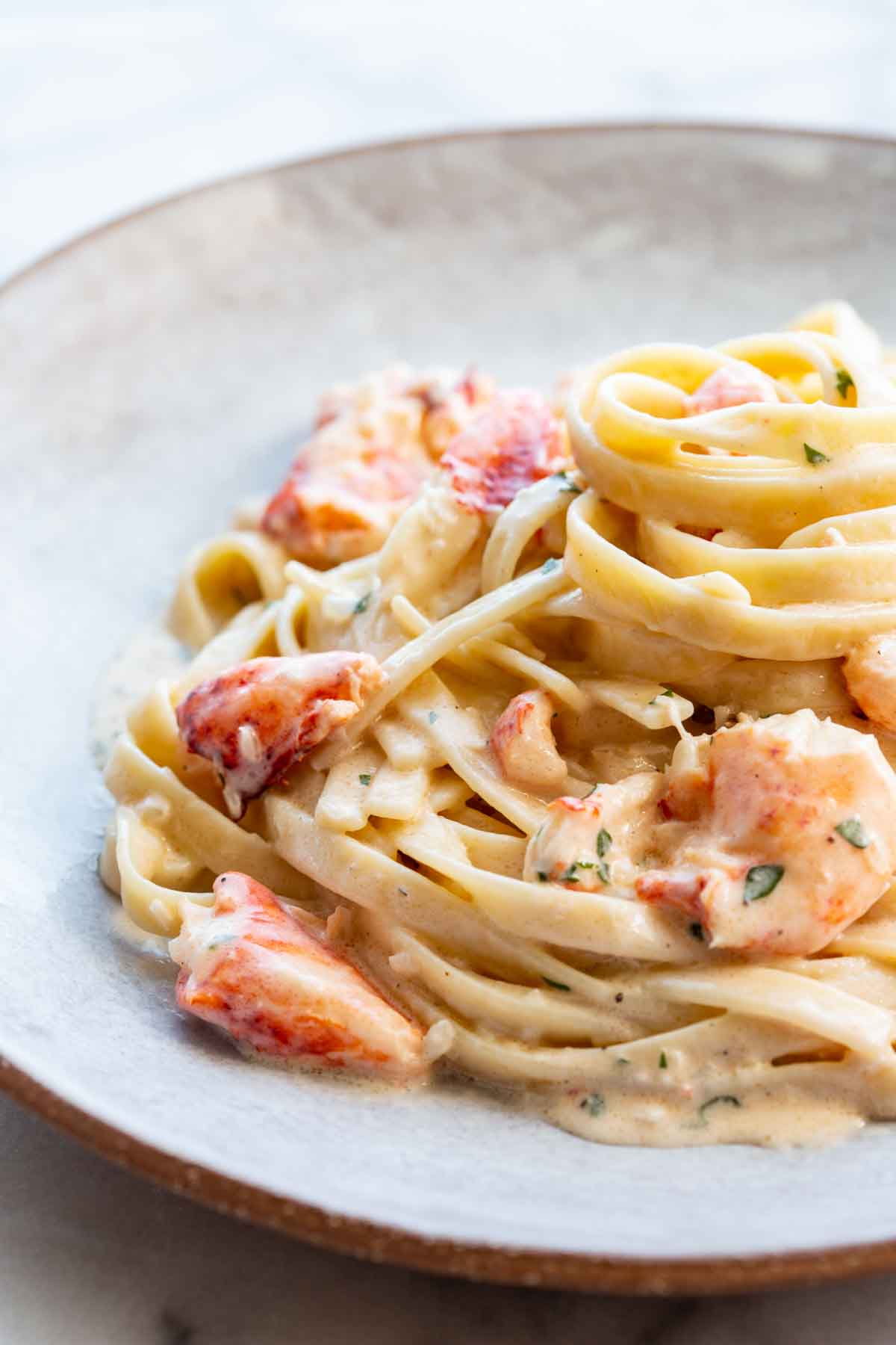 A generous serving of lobster linguine on a rustic ceramic plate with a light gray interior and terracotta rim. Chunks of lobster meat in warm pink and red tones are distributed across the creamy pasta, which is swirled into a loose nest.