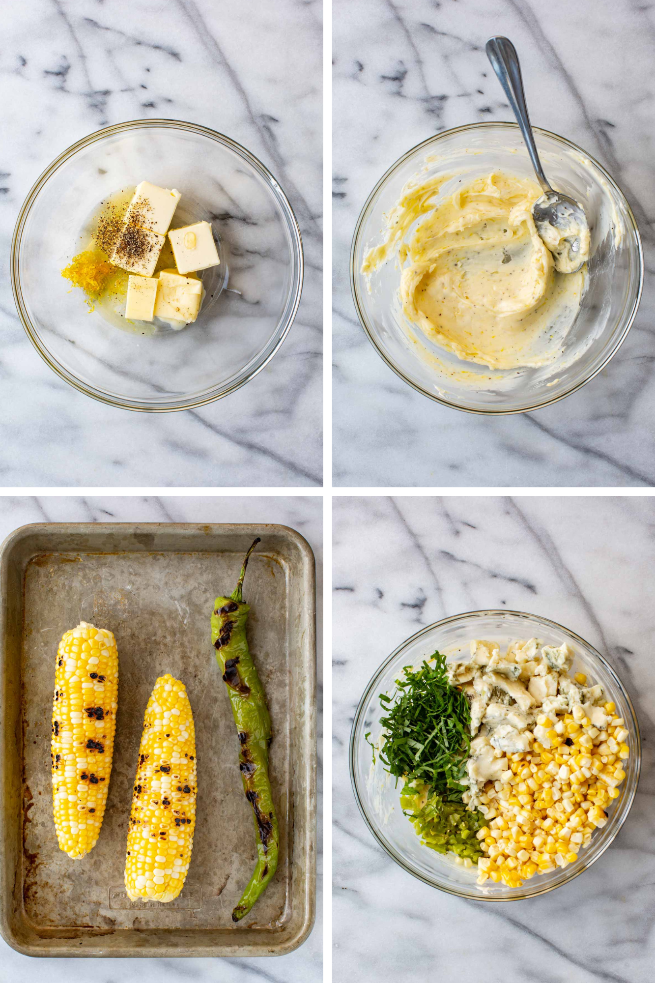 Four-panel process photo showing: butter, lemon zest, and pepper in a bowl; the mixture whisked into a creamy compound butter; two ears of grilled corn and a charred long hot pepper on a sheet pan; and a bowl with corn kernels, gorgonzola butter, chopped pepper, and fresh basil ribbons ready to mix.