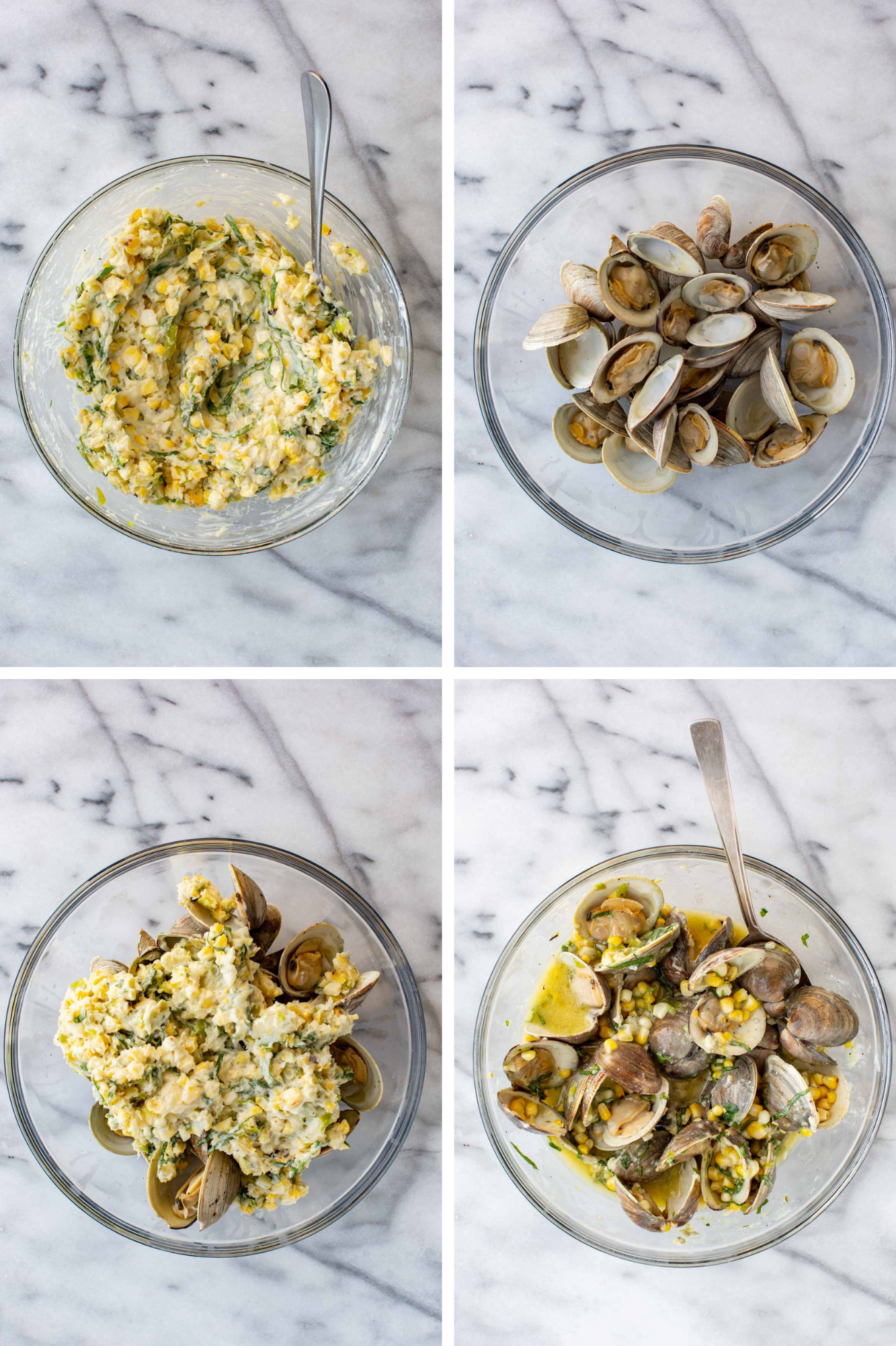Four-panel process photo showing: the corn and gorgonzola butter mixture fully combined; a bowl of steamed open clams; the clams topped with the corn butter mixture; and the final dish tossed together, with clams coated in a loose, herb-flecked butter sauce.