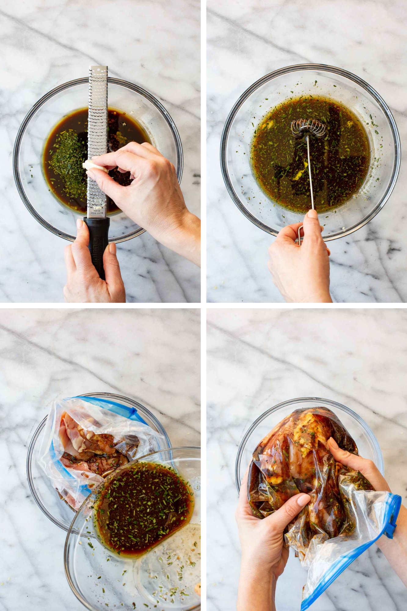 Four-panel process collage on a white marble background showing the steps to make balsamic chicken marinade: top left, grating garlic into a glass bowl with dark balsamic and herbs; top right, whisking the marinade together; bottom left, pouring the finished marinade over raw chicken thighs in a zip-lock bag set inside a glass bowl; bottom right, hands massaging the marinade into the chicken through the sealed bag.