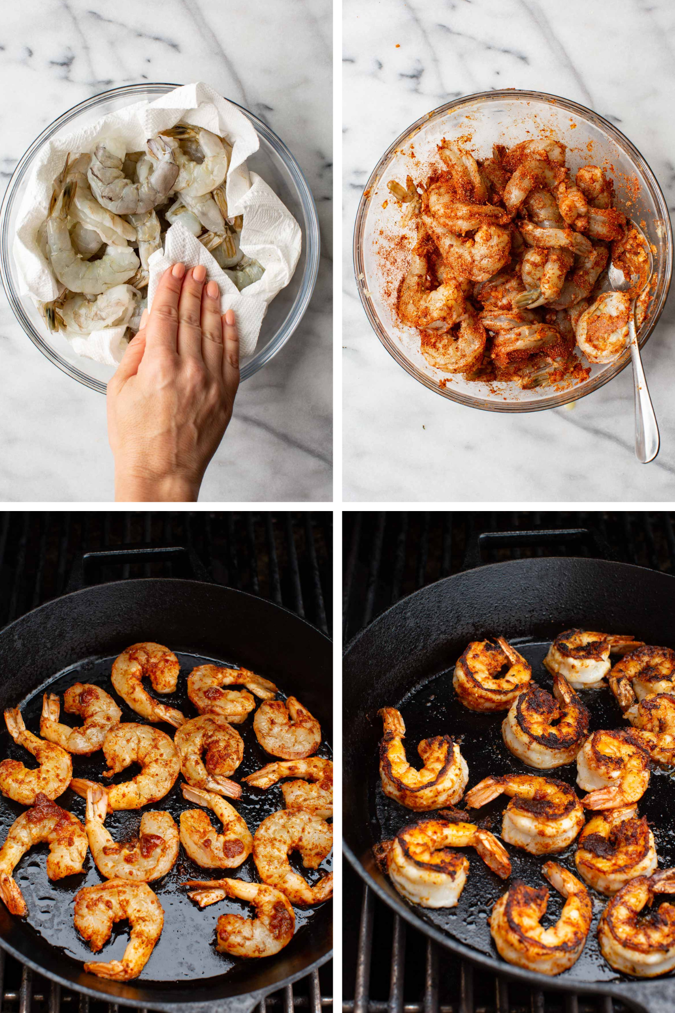 Four-panel process collage showing shrimp being patted dry, mixed with spices, and blackened over a cast iron pan over the grill.