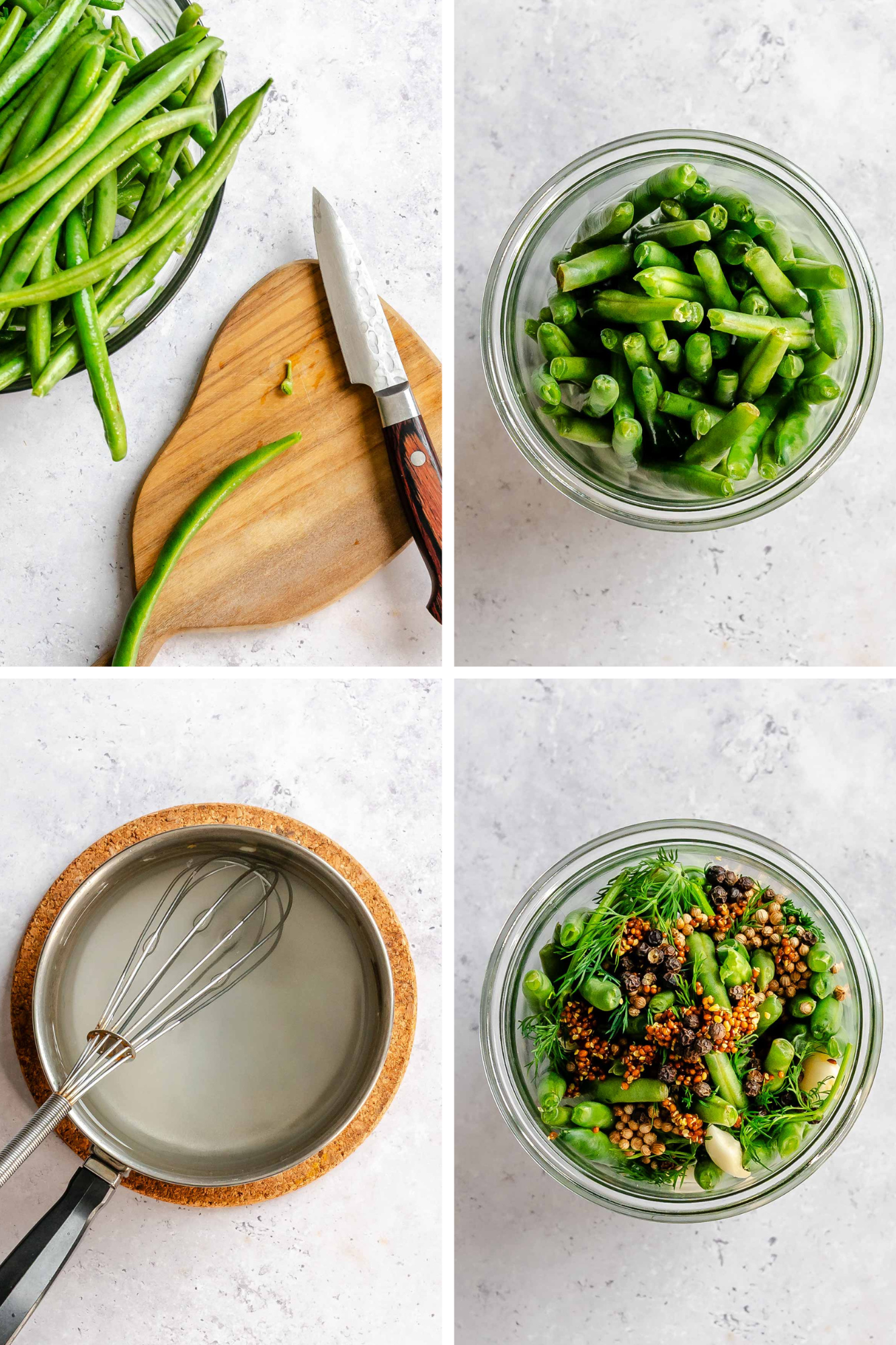 A four-panel process collage showing the steps to make pickled green beans. Top left: fresh whole green beans next to a wooden cutting board and a paring knife, with one trimmed bean resting on the board. Top right: an overhead view of a glass jar filled with trimmed green bean pieces, seen from directly above. Bottom left: an overhead view of a small saucepan with a whisk resting inside, set on a cork trivet - the pan contains the pickling brine. Bottom right: an overhead view of the same jar now topped with a mix of herbs and spices - coriander seeds, black peppercorns, red mustard seeds, fresh dill, and whole garlic cloves - before the brine is added.