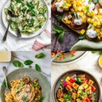 Four photos of the best zucchini recipes including a shaved zucchini salad, grilled zucchini bruschetta, zucchini spaghetti, and grilled vegetable panzanella.