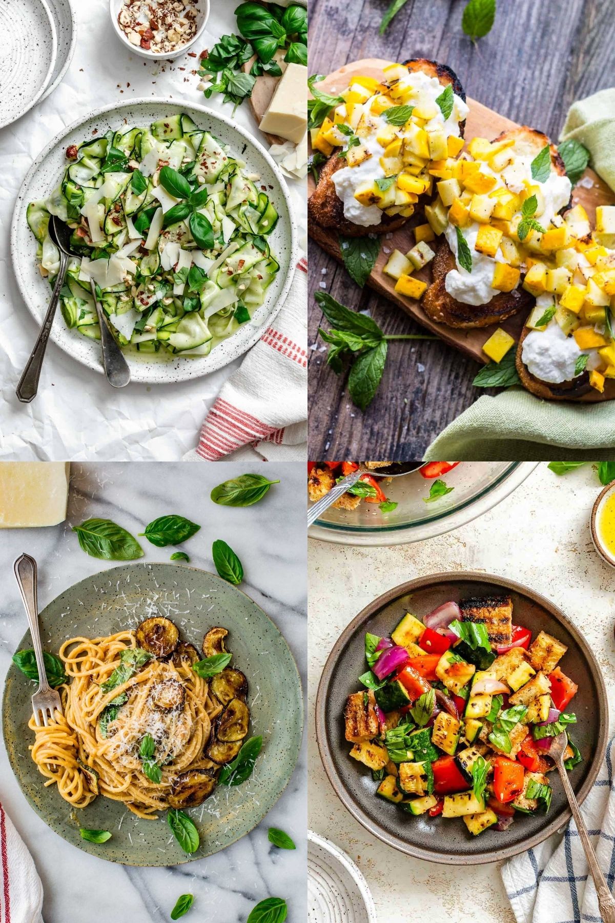 Four photos of the best zucchini recipes including a shaved zucchini salad, grilled zucchini bruschetta, zucchini spaghetti, and grilled vegetable panzanella.