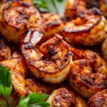 Close up of blackened shrimp with a dark spice crust next to parsley leves.